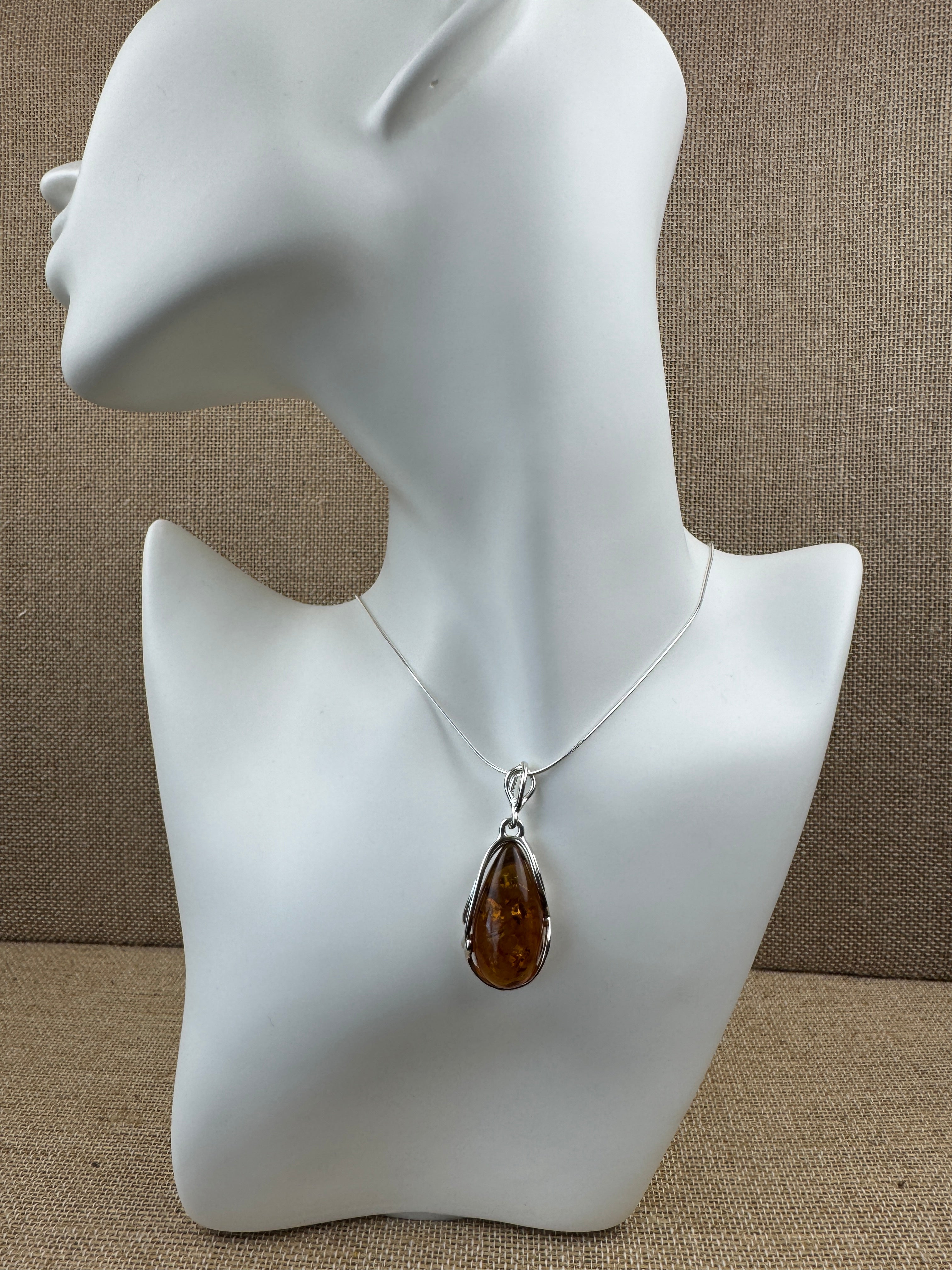 Handmade Classic Baltic Amber & Sterling Silver Pendant Necklace – 18” Snake Chain