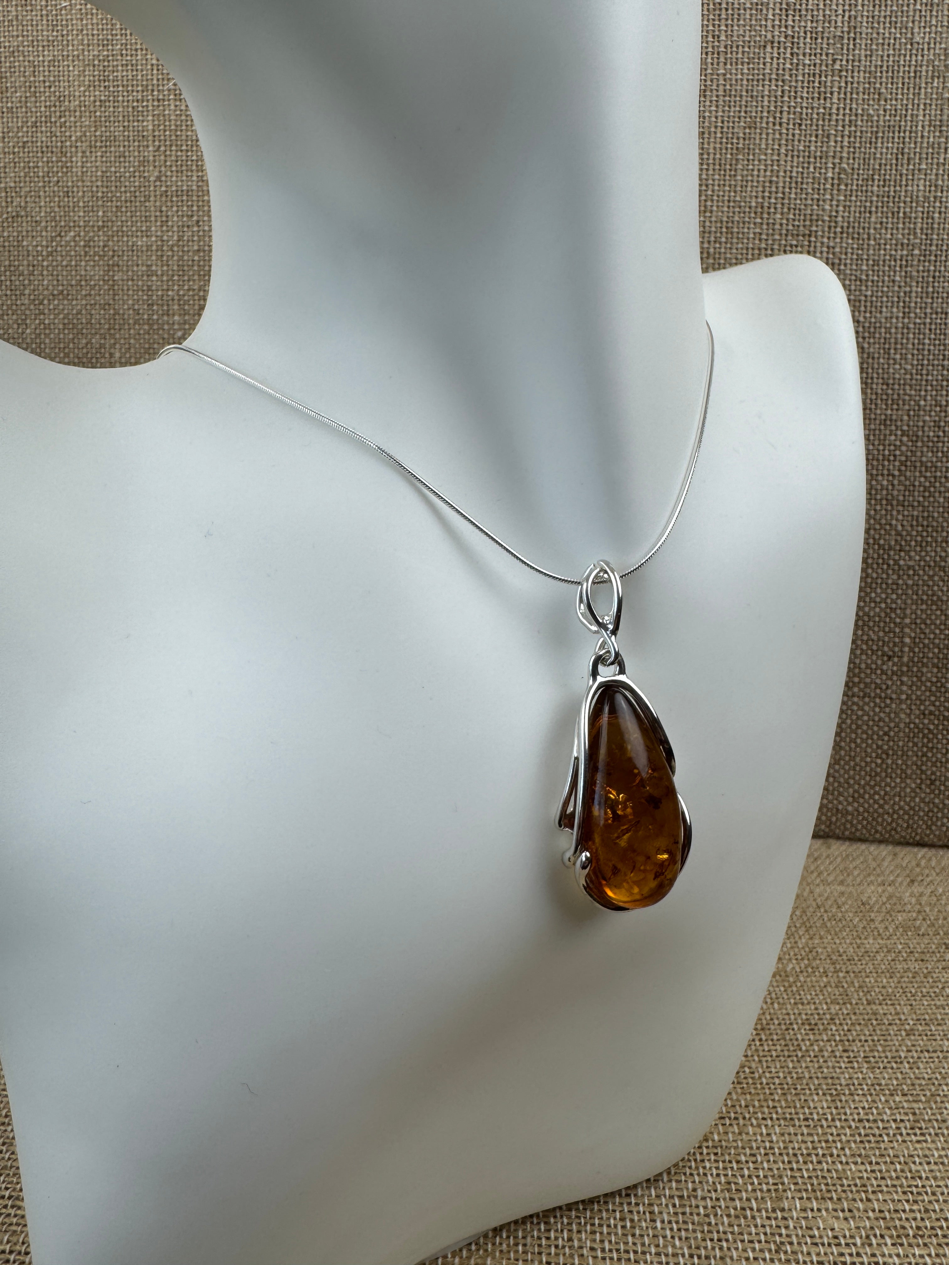 Handmade Classic Baltic Amber & Sterling Silver Pendant Necklace – 18” Snake Chain