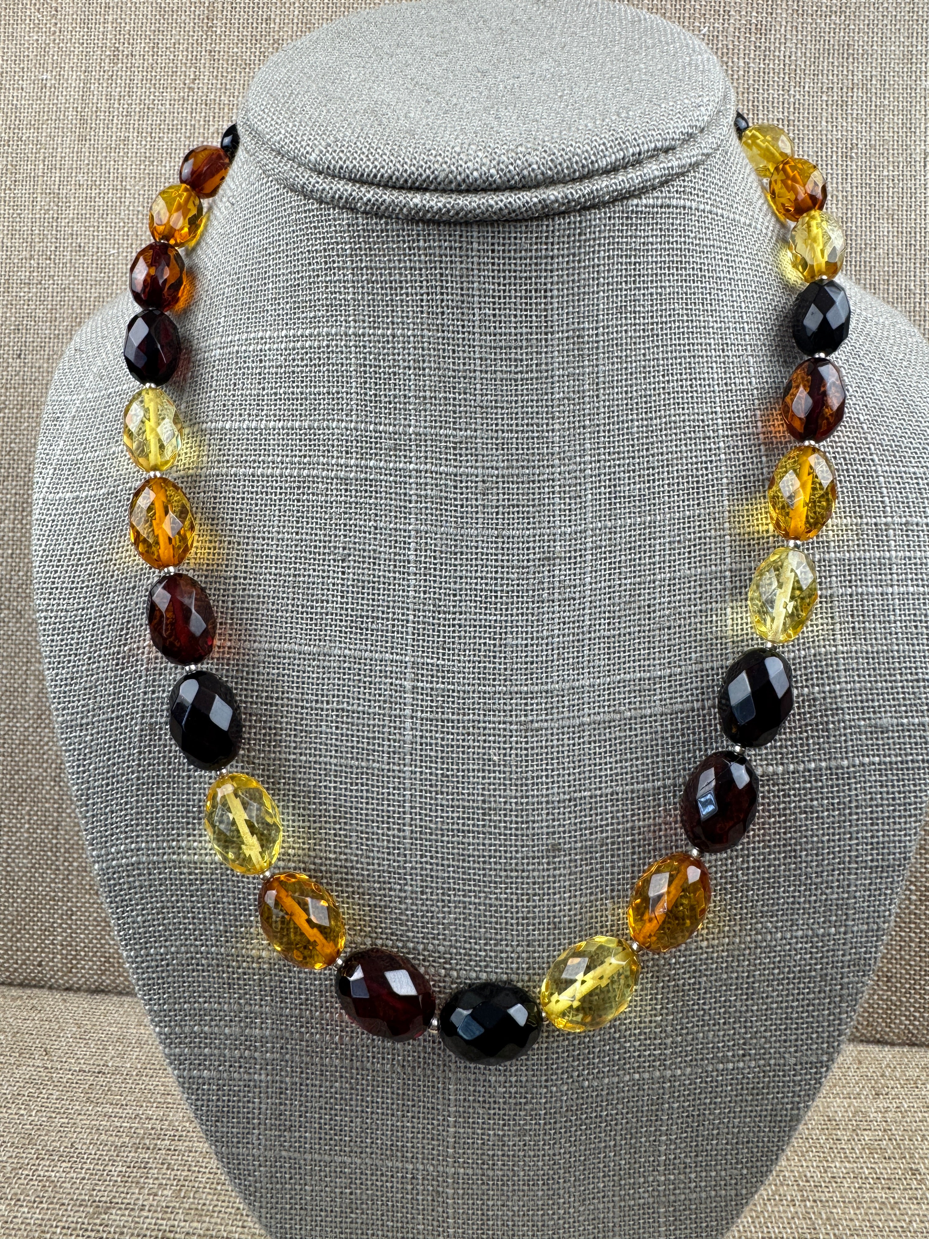 Genuine Baltic Amber Ombre Faceted Bead Necklace – Cherry, Cognac and Lemon.