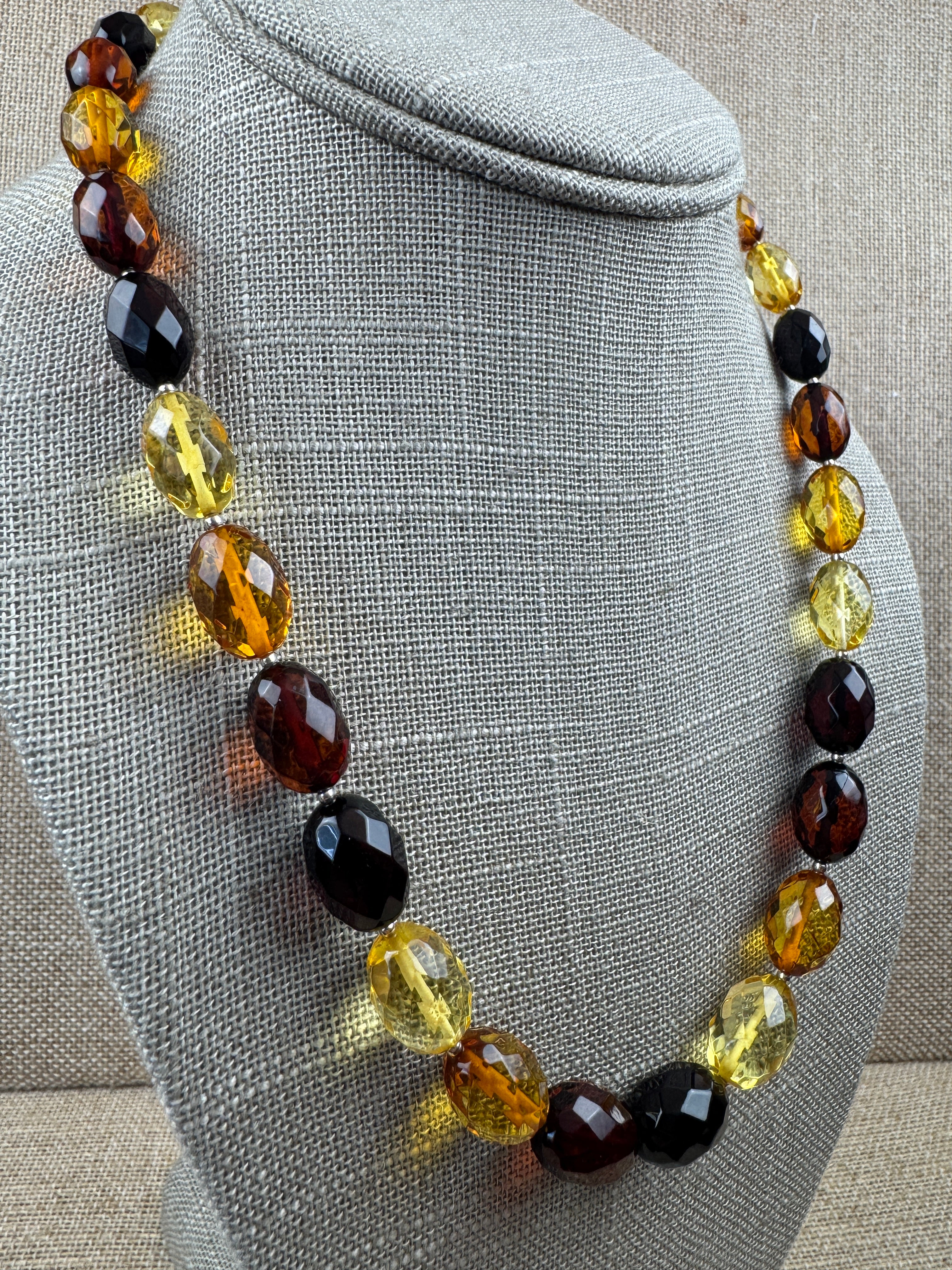 Genuine Baltic Amber Ombre Faceted Bead Necklace – Cherry, Cognac and Lemon.