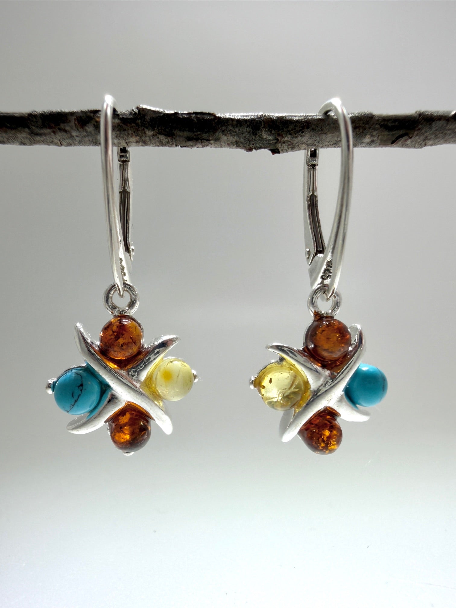 Sterling Silver Baltic Amber Earrings – X & O Design – Cognac or Multicolor Lever Back Drop Earrings Handmade in Poland