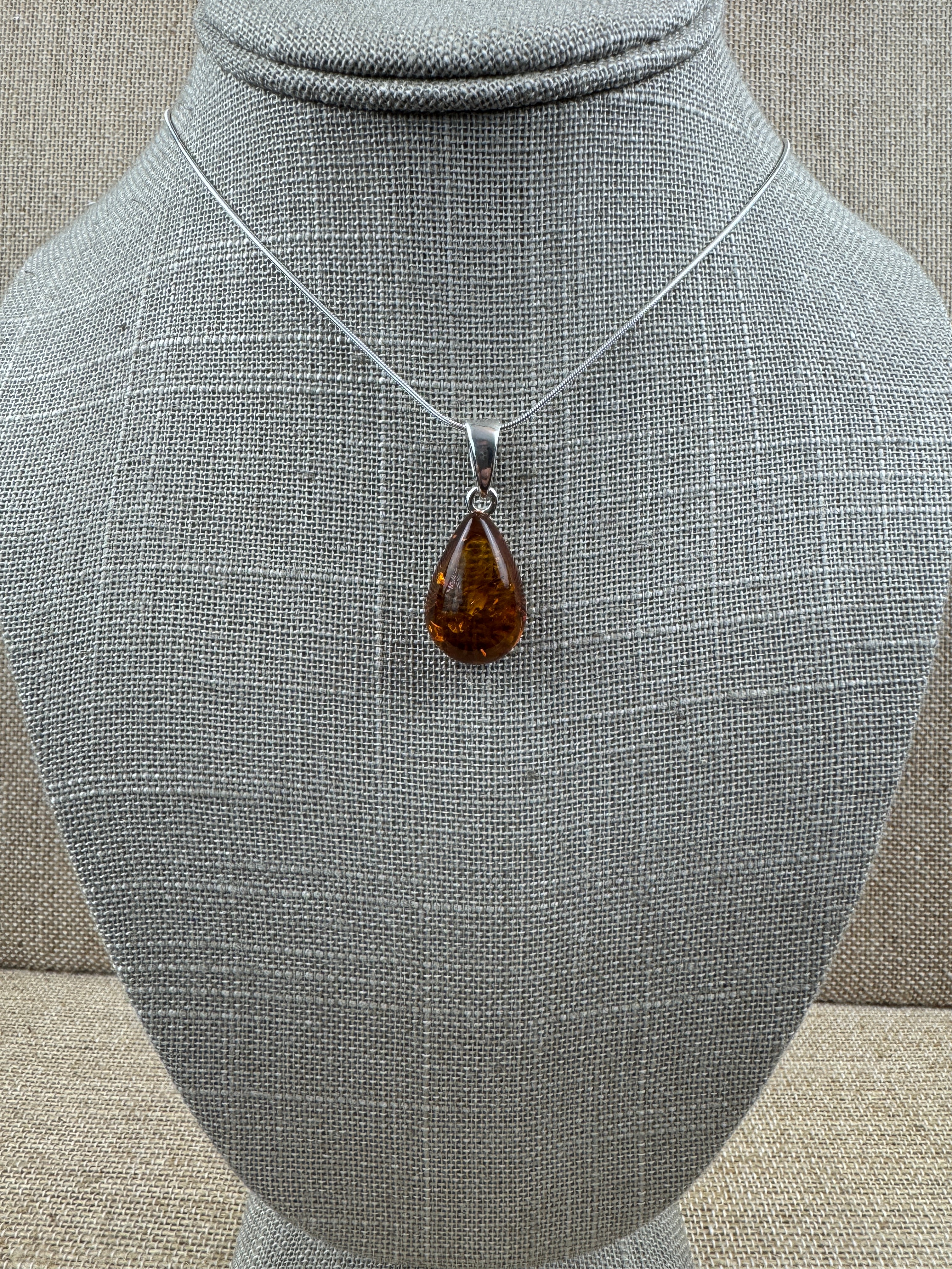 Handmade Baltic Amber Teardrop Pendant Sterling Silver from Poland - Choice of Silver Chain
