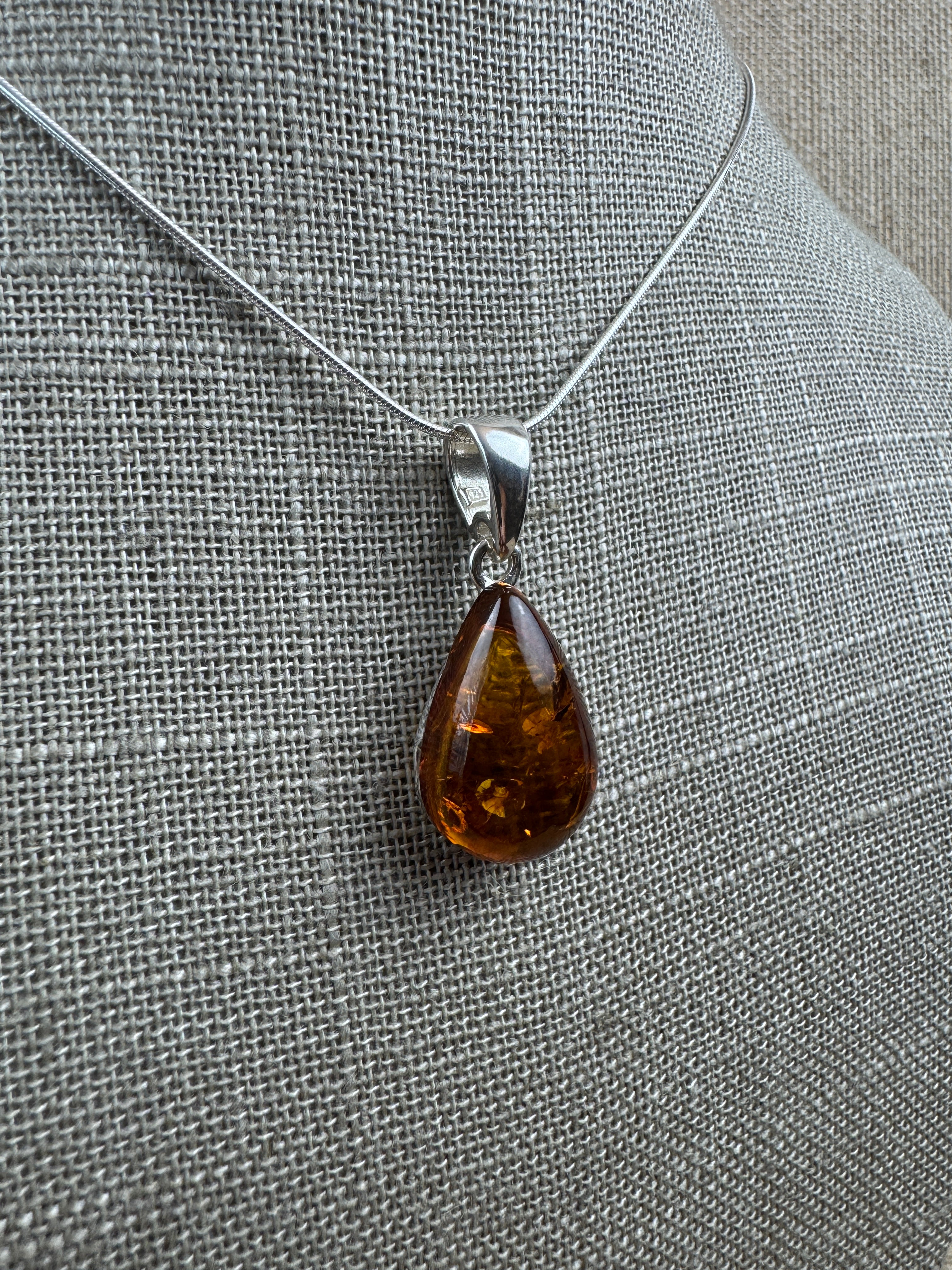 Handmade Baltic Amber Teardrop Pendant Sterling Silver from Poland - Choice of Silver Chain