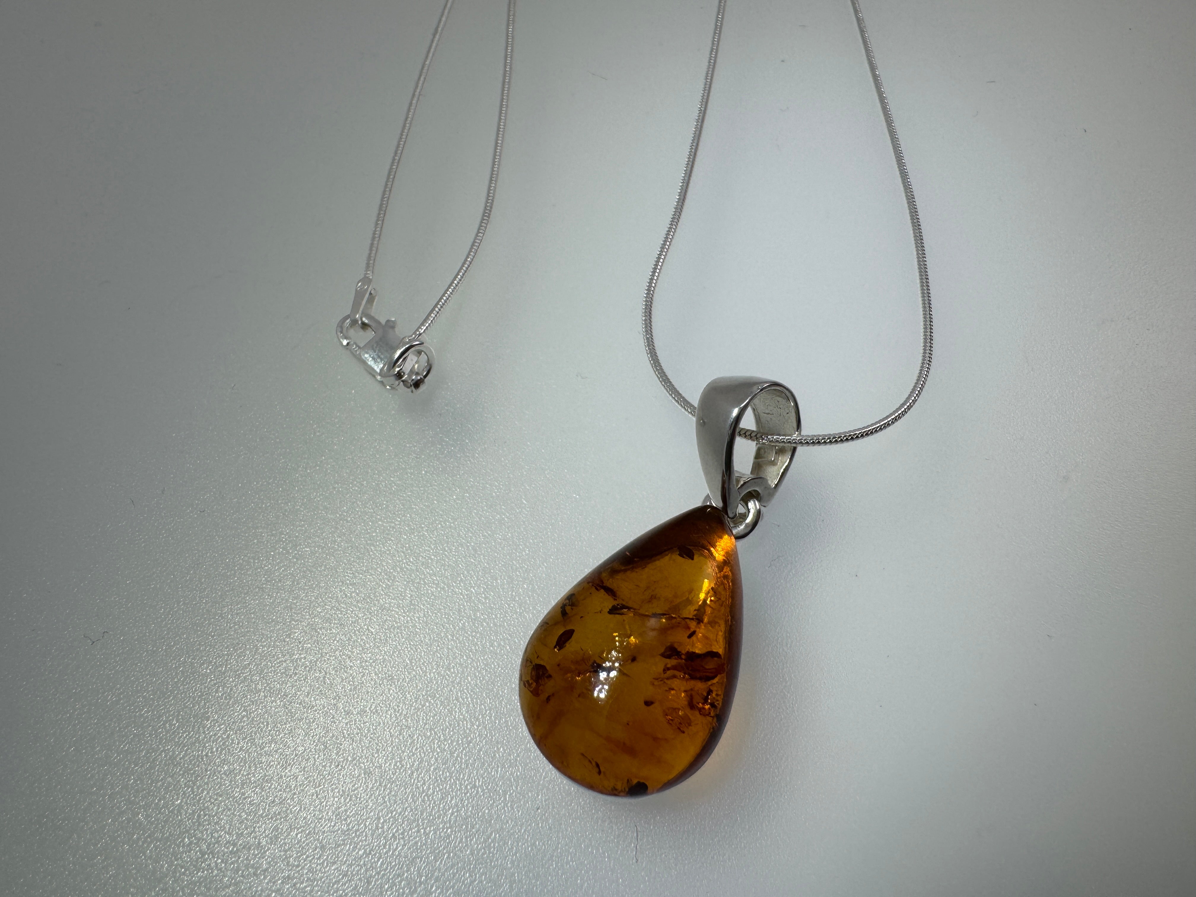 Handmade Baltic Amber Teardrop Pendant Sterling Silver from Poland - Choice of Silver Chain