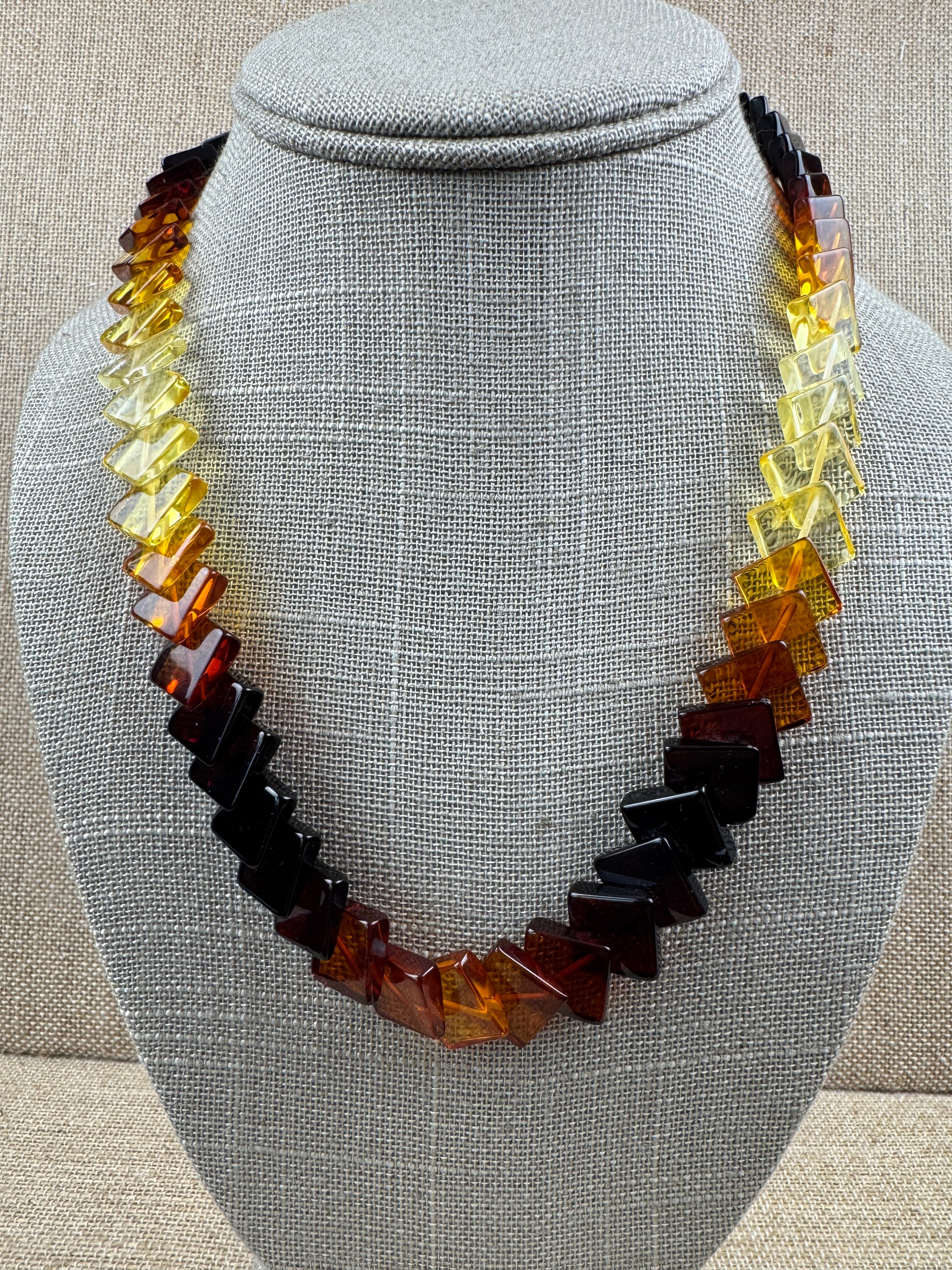 Genuine Baltic Amber Ombré Square Necklace – Handmade in Lithuania - Lemon, Cognac & Cherry Amber in a Perfect Gradient of Color