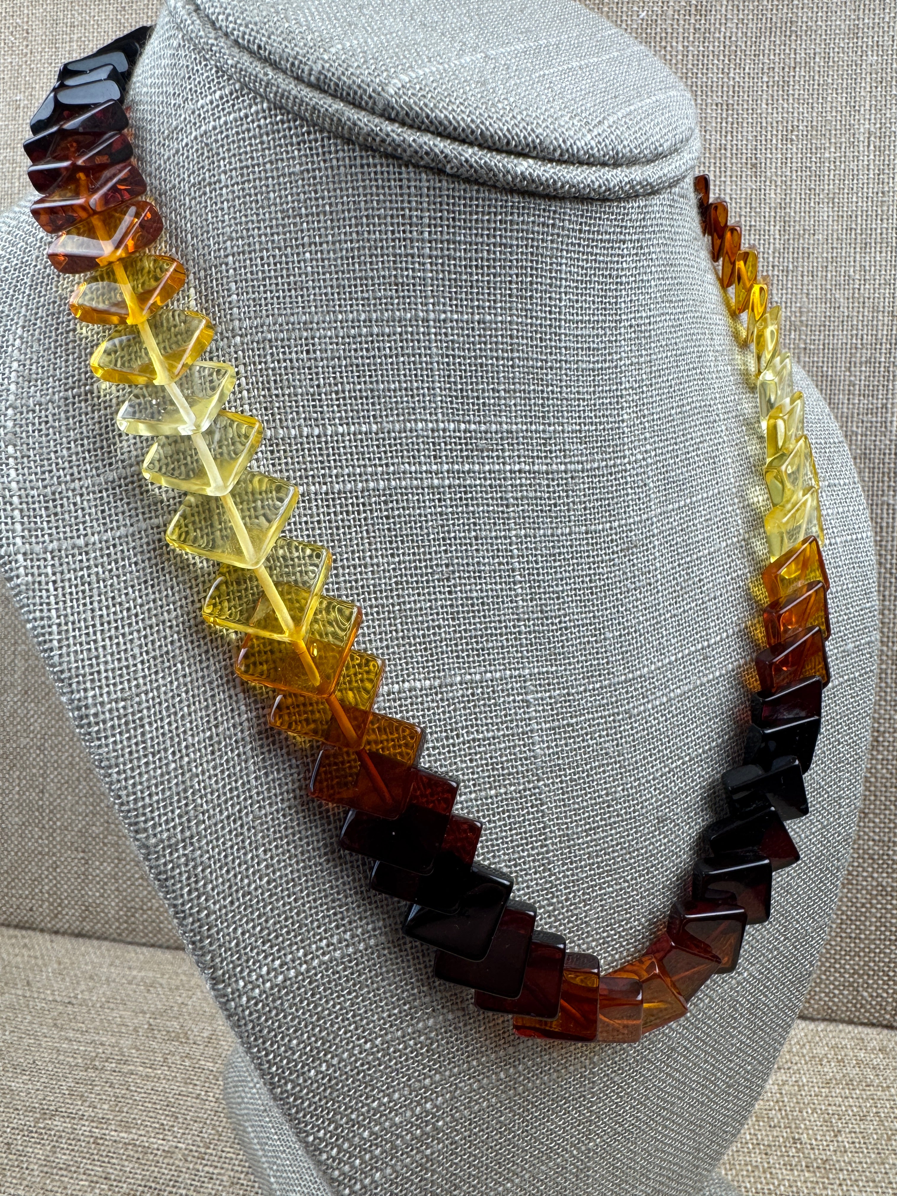Genuine Baltic Amber Ombré Square Necklace – Handmade in Lithuania - Lemon, Cognac & Cherry Amber in a Perfect Gradient of Color