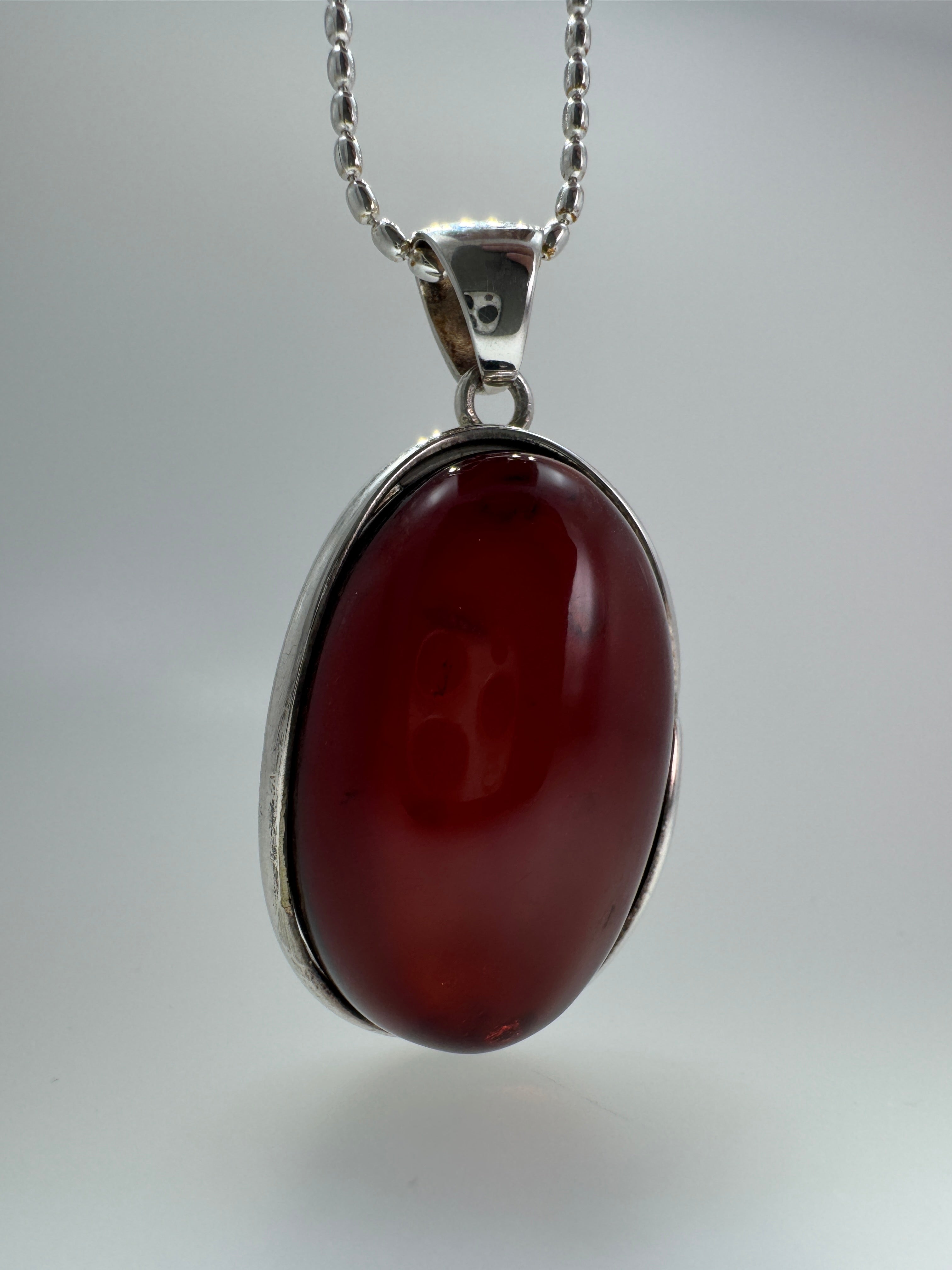 One-of-a-Kind Cherry Baltic Amber Pendant | Sterling Silver Bead Chain | Handmade Statement Necklace