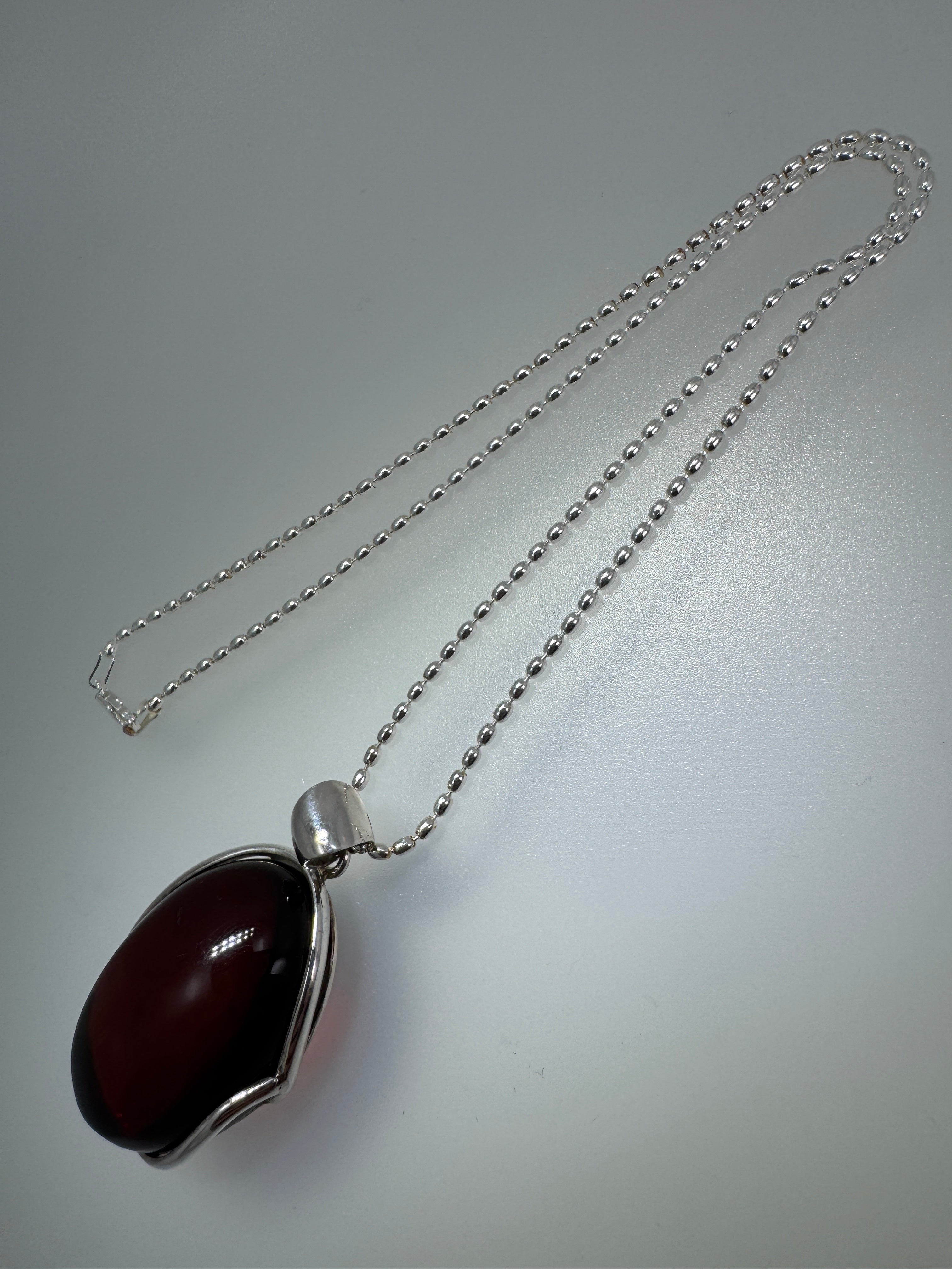 One-of-a-Kind Cherry Baltic Amber Pendant | Sterling Silver Bead Chain | Handmade Statement Necklace