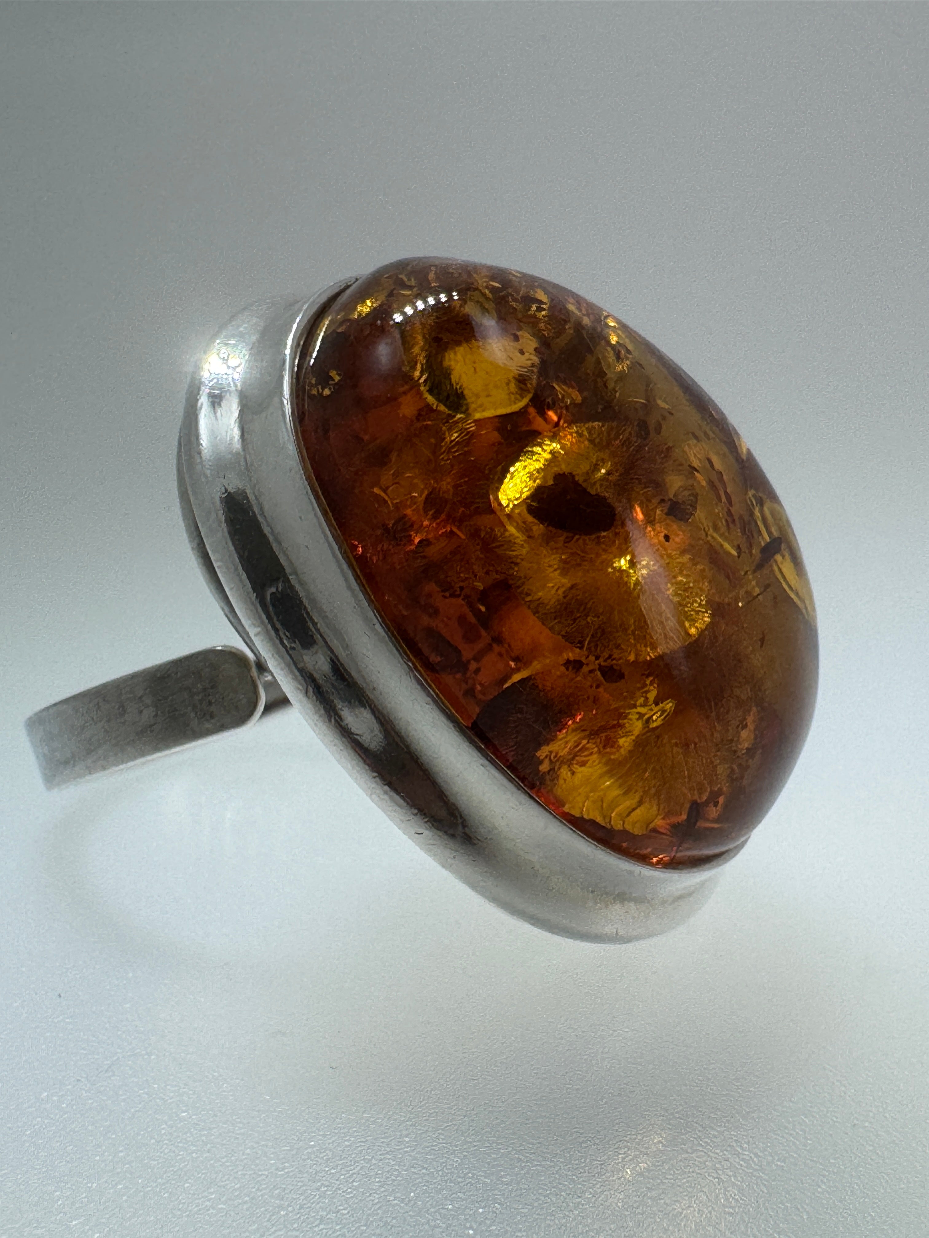 Handmade Oversized Cognac Baltic Amber Sterling Silver Ring Adjustable – 20x30mm Cabochon from Poland
