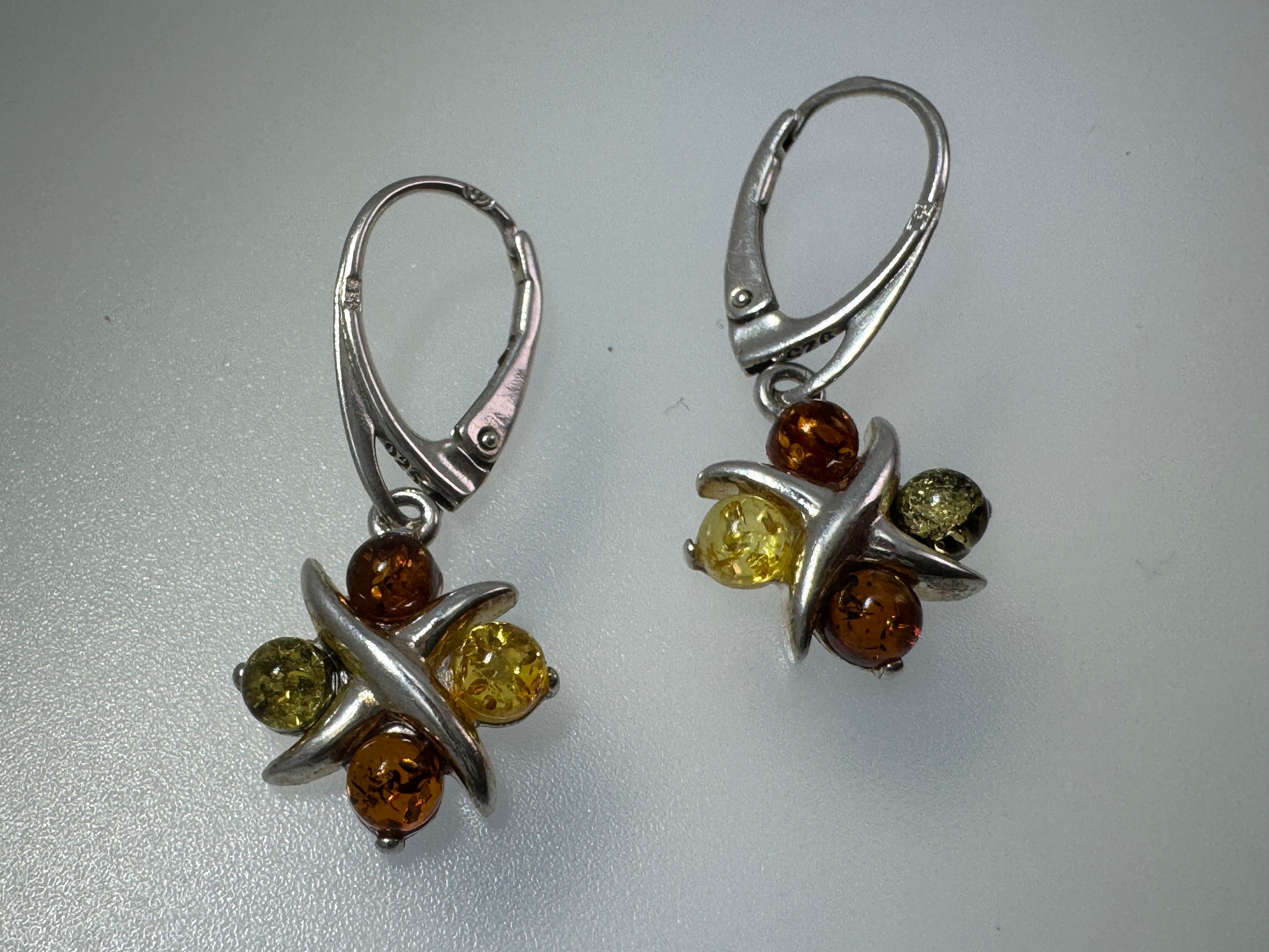 Sterling Silver Baltic Amber Earrings – X & O Design – Cognac or Multicolor Lever Back Drop Earrings Handmade in Poland