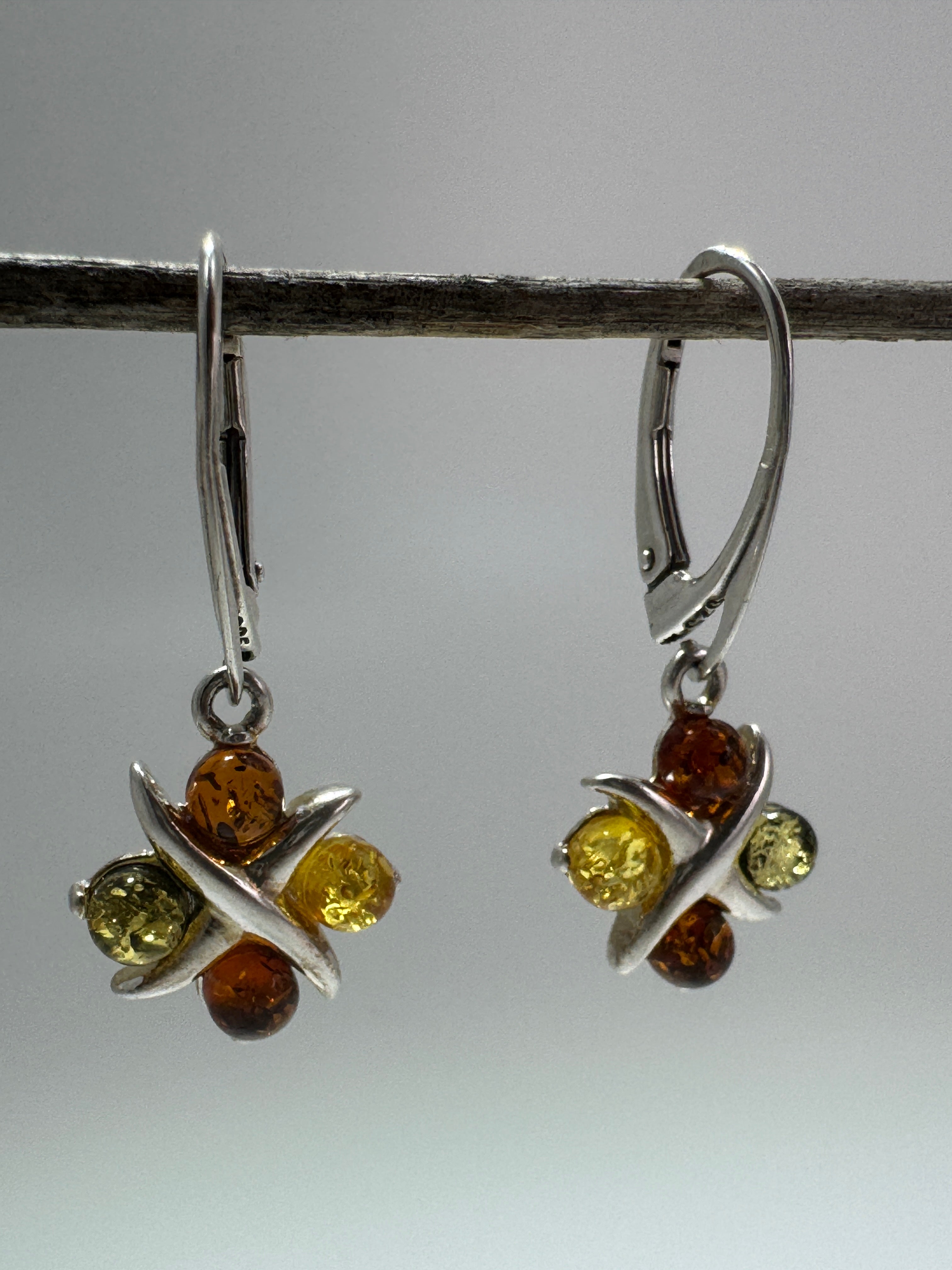 Sterling Silver Baltic Amber Earrings – X & O Design – Cognac or Multicolor Lever Back Drop Earrings Handmade in Poland
