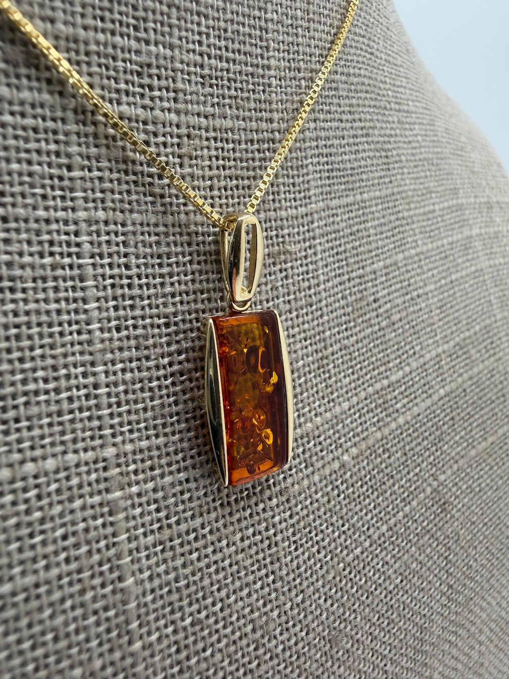 14K Gold & Genuine Cognac Baltic Amber Rectangular Modern Pendant + Earrings Set
