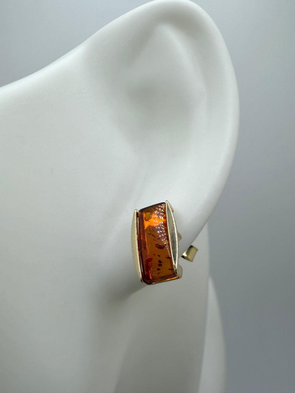 14K Gold & Genuine Cognac Baltic Amber Rectangular Modern Pendant + Earrings Set