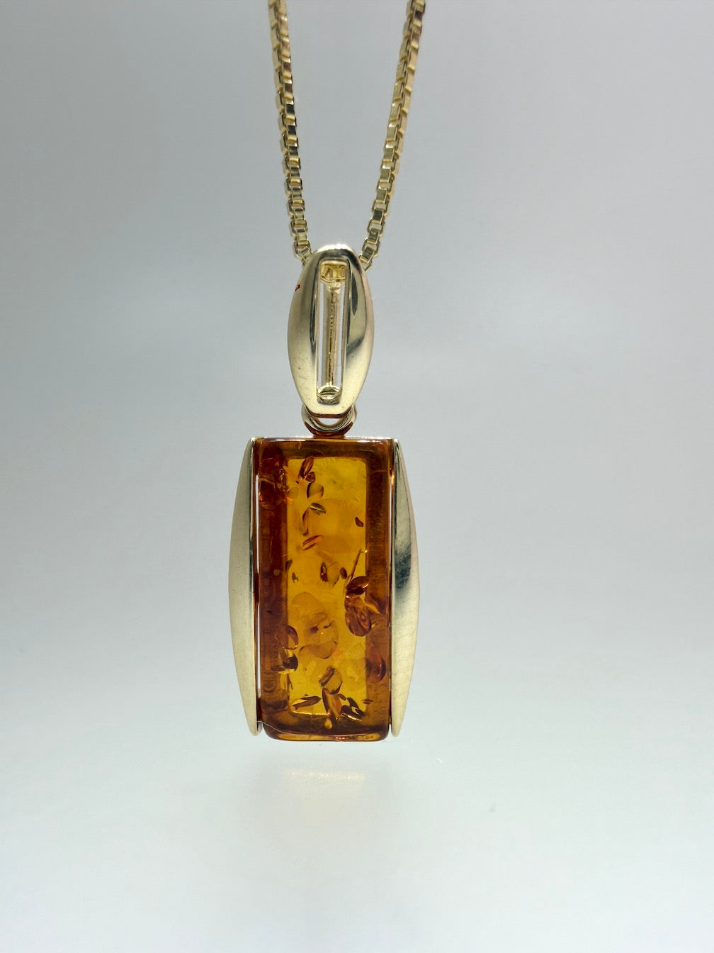 14K Gold & Genuine Cognac Baltic Amber Rectangular Modern Pendant + Earrings Set