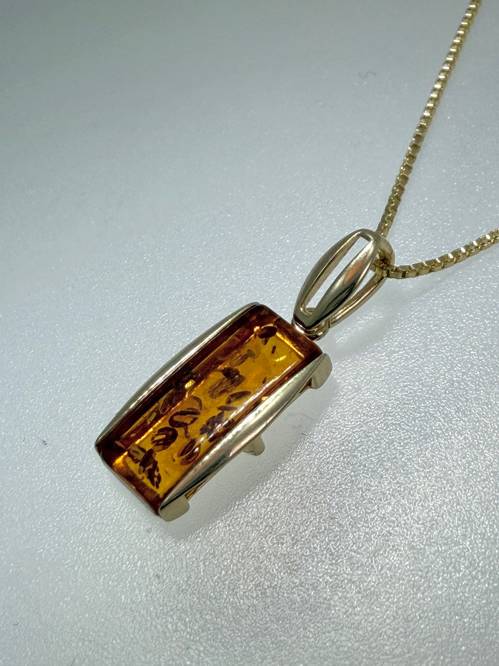 14K Gold & Genuine Cognac Baltic Amber Rectangular Modern Pendant + Earrings Set