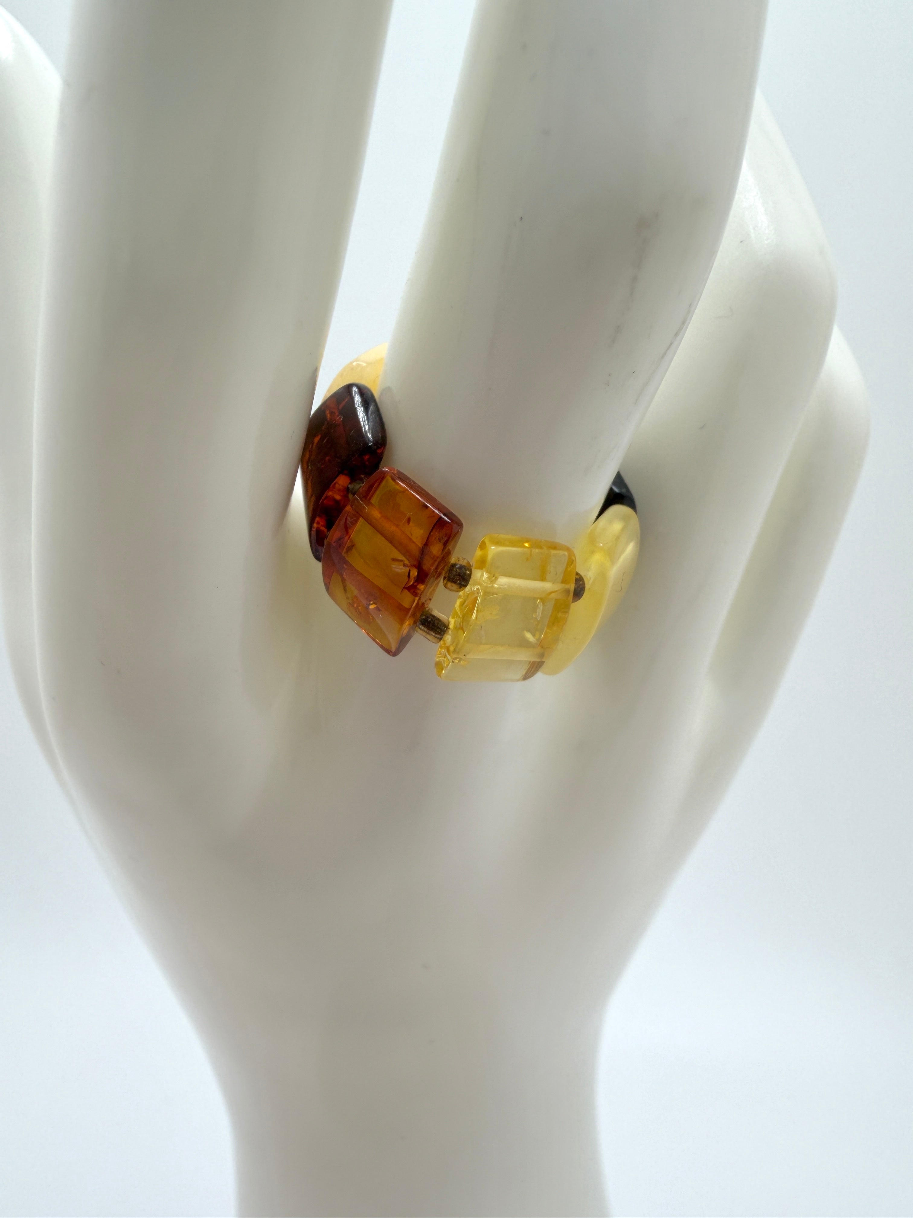Adjustable Baltic Amber Beaded Ring – Stretch Fit in Rainbow Honey Tones - Butterscotch, Lemon, Cognac & Cherry Beads, Made in Lithuania