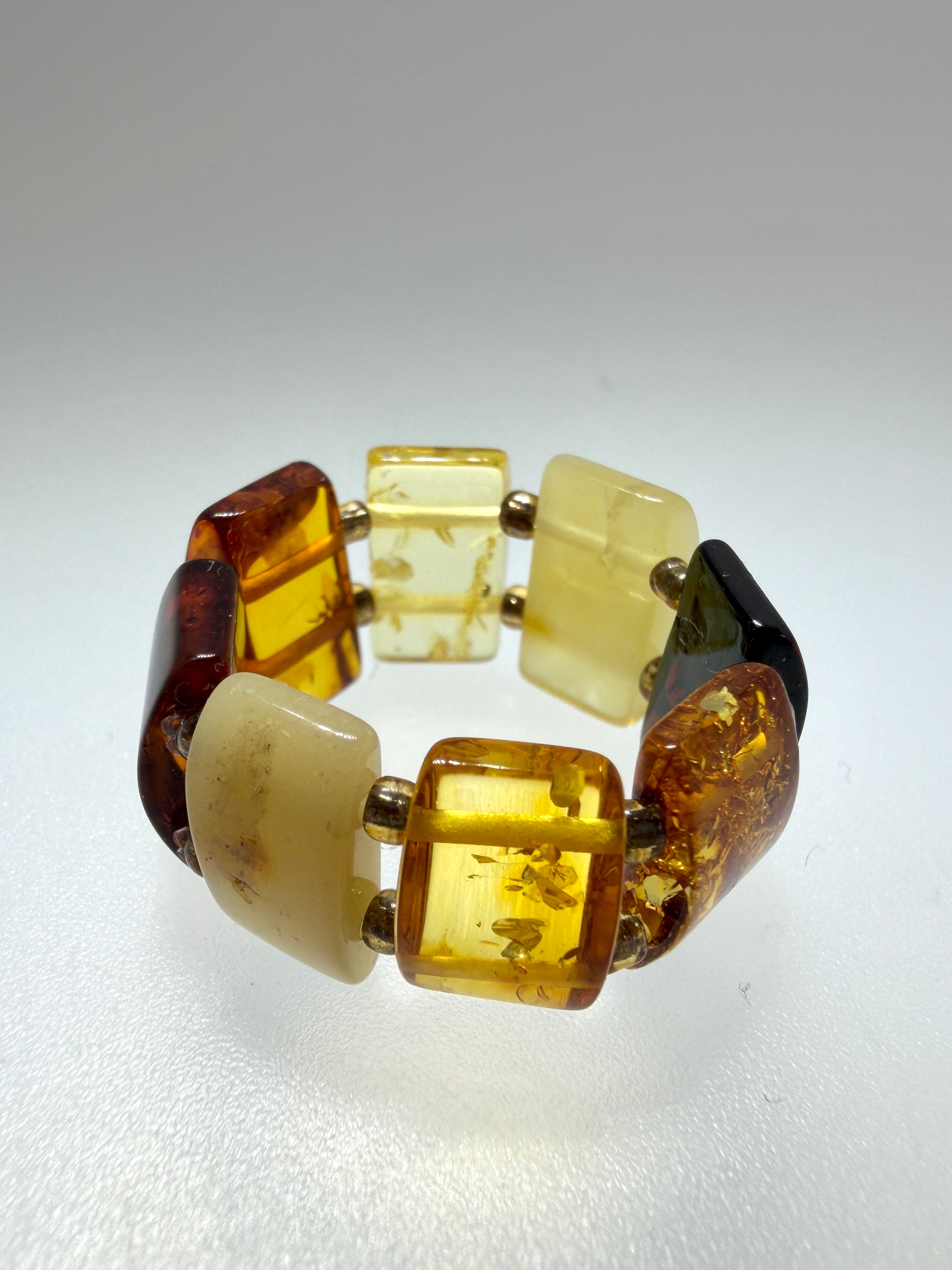 Adjustable Baltic Amber Beaded Ring – Stretch Fit in Rainbow Honey Tones - Butterscotch, Lemon, Cognac & Cherry Beads, Made in Lithuania