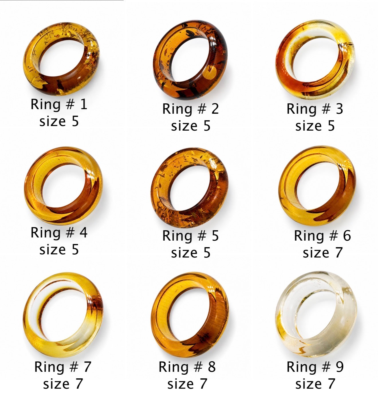 Handmade Genuine Baltic Amber Band Rings – Solid Amber, One Piece Construction – Honey, Cognac, Lemon & Clear Amber – Sizes 5-7