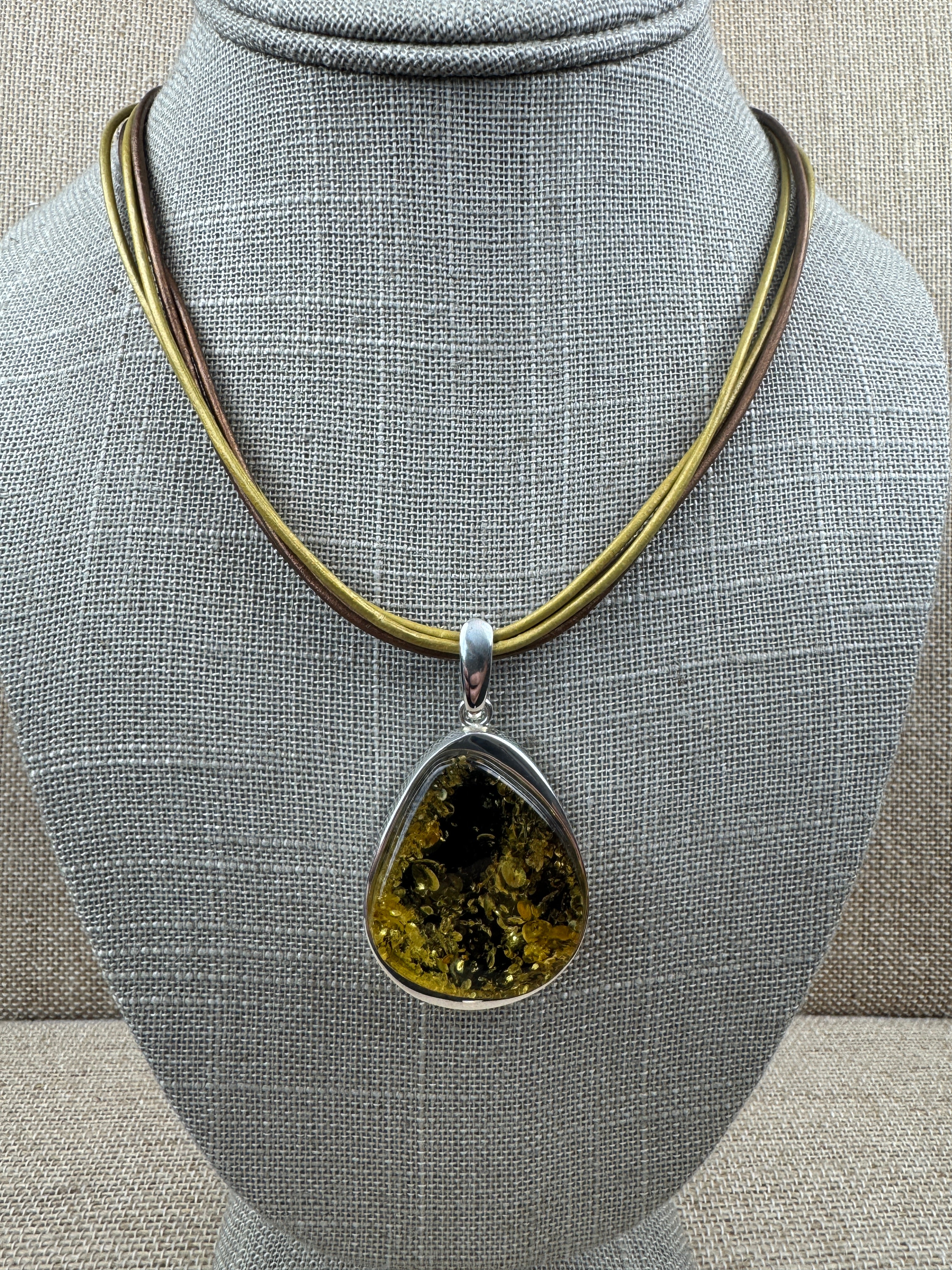 Handmade Sterling Silver Green Baltic Amber Pendant on Leather Necklace6