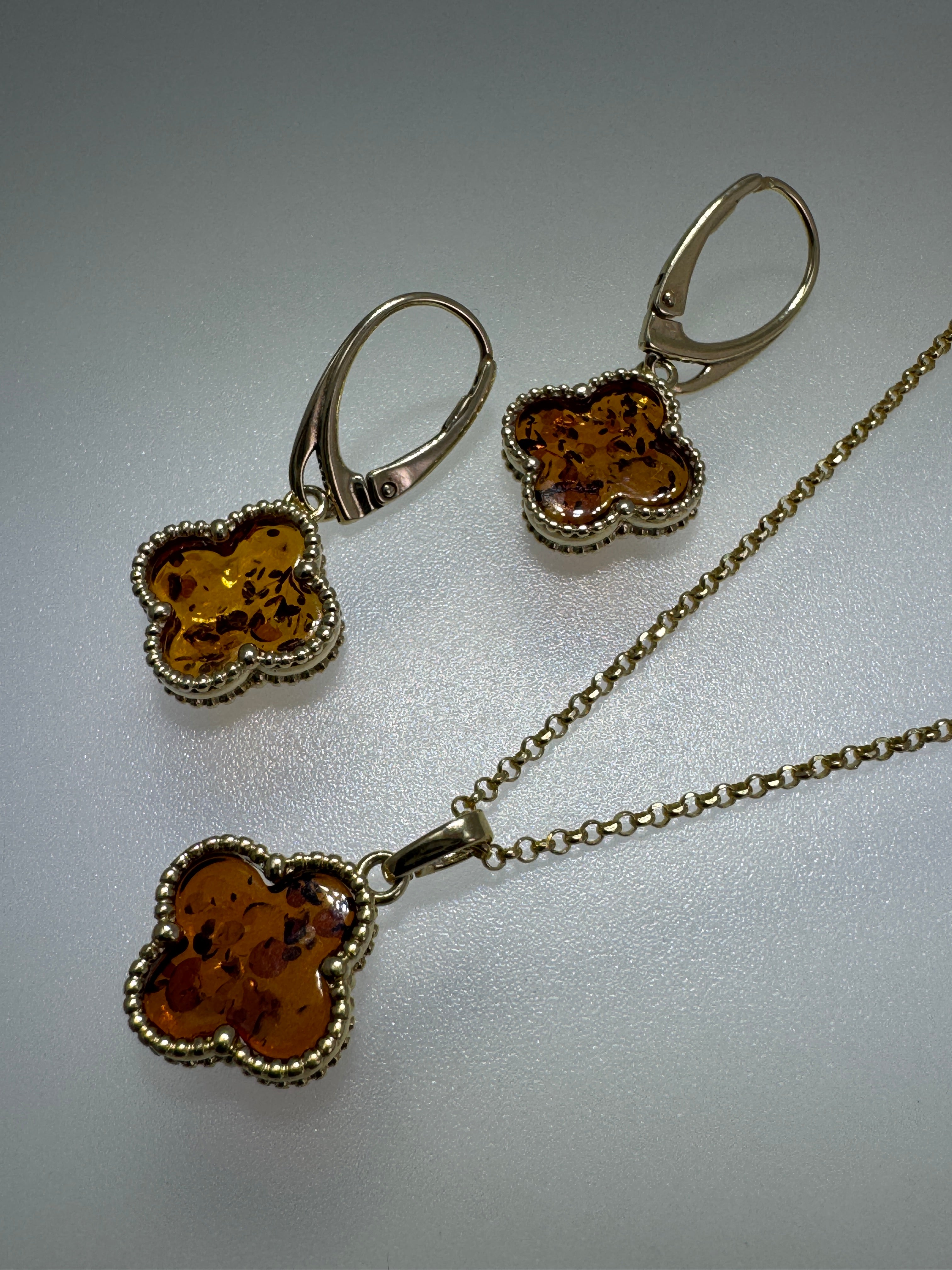Gold-Plated Sterling Silver Baltic Amber Clover Set