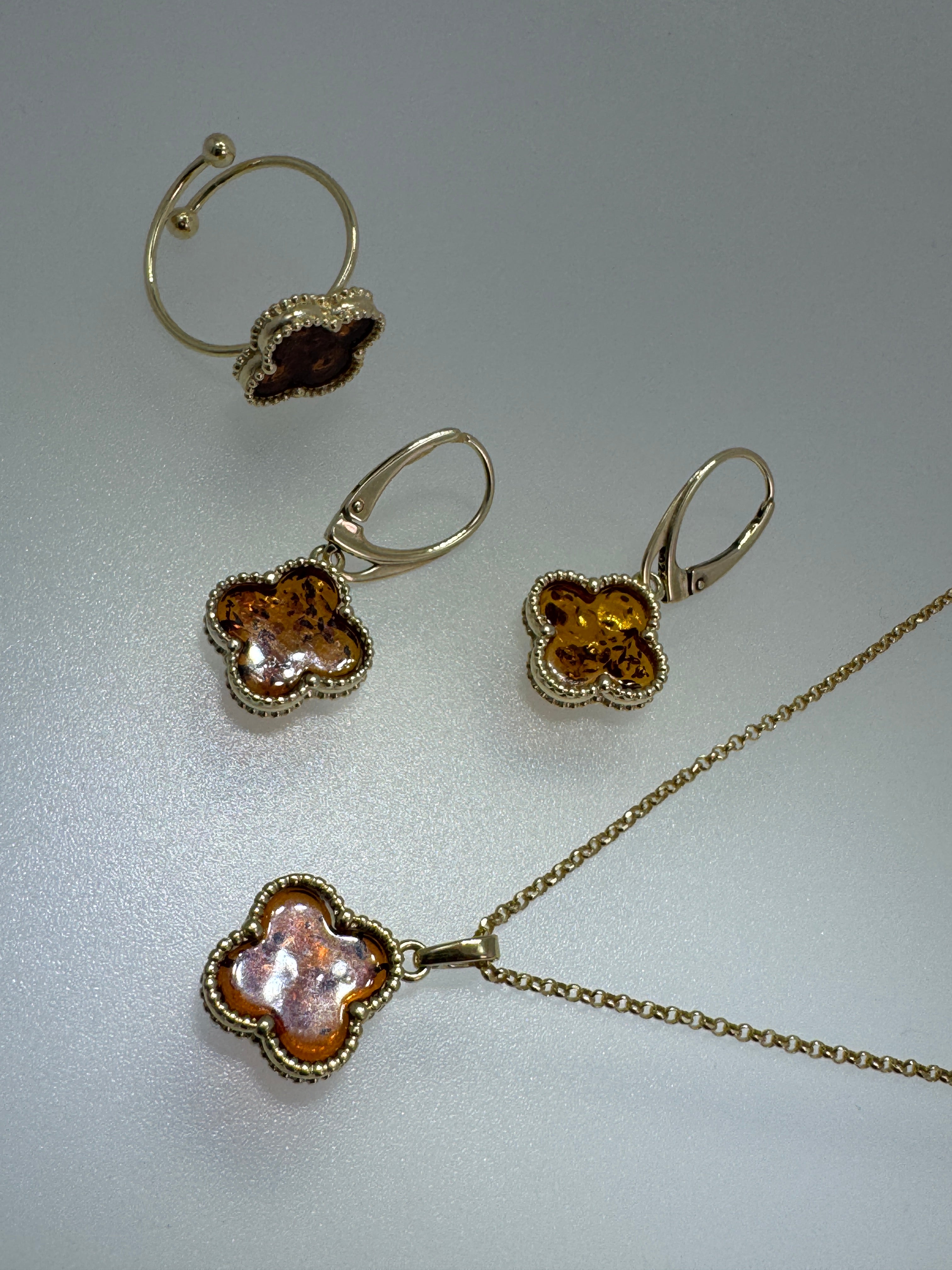 Gold-Plated Sterling Silver Baltic Amber Clover Set