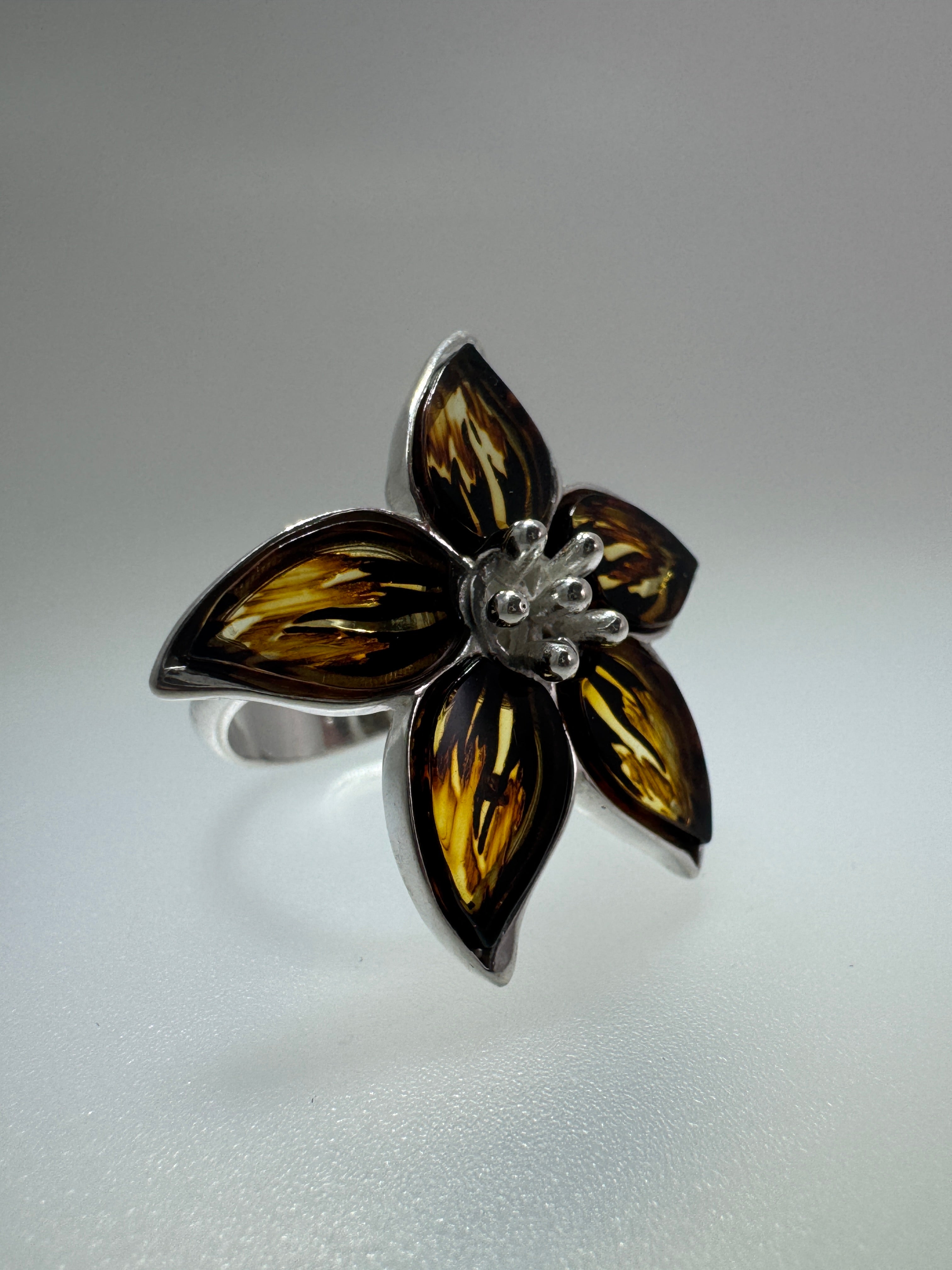 Hand-Etched Sterling Silver Baltic Amber Flower Ring