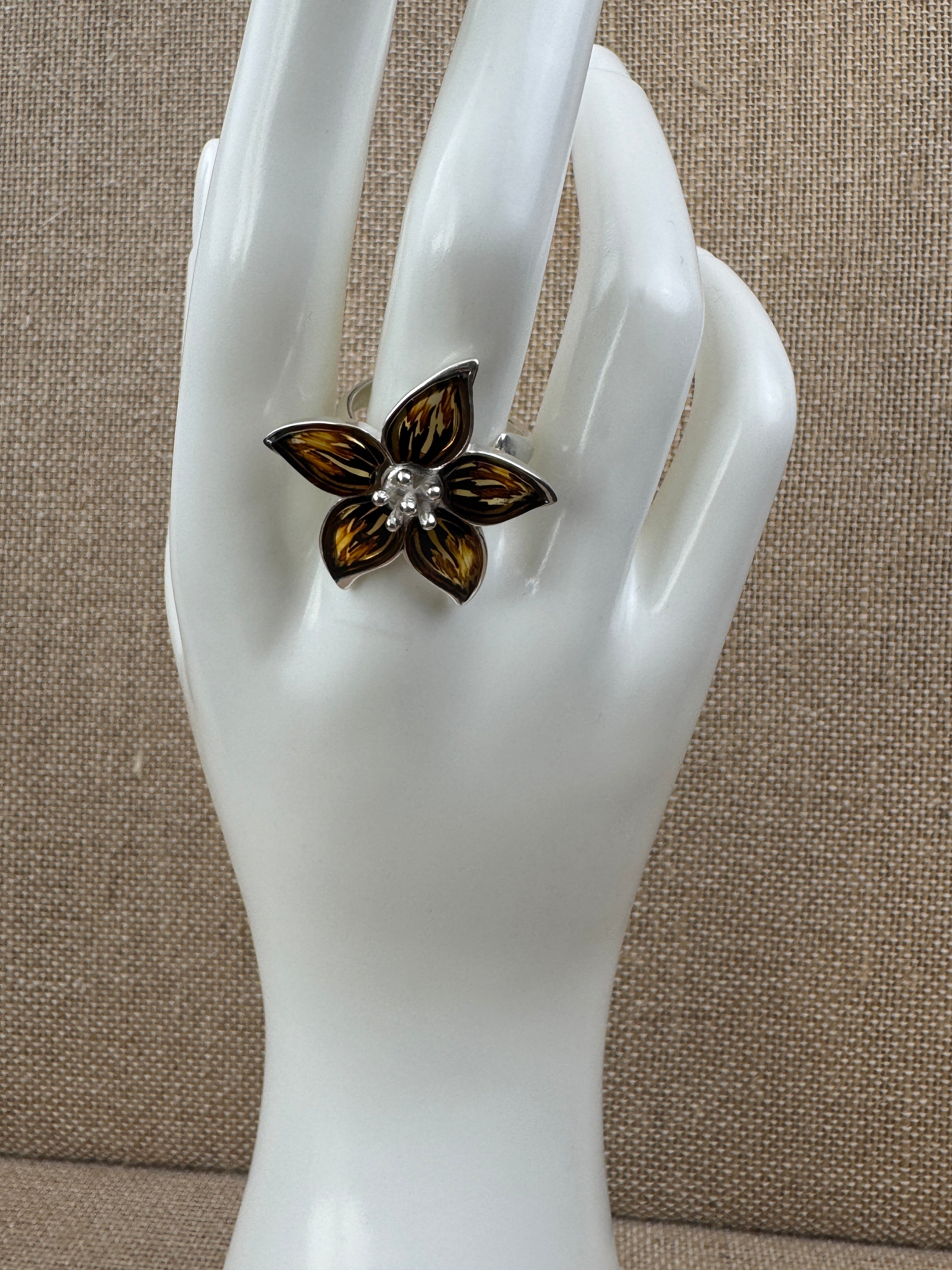 Hand-Etched Sterling Silver Baltic Amber Flower Ring