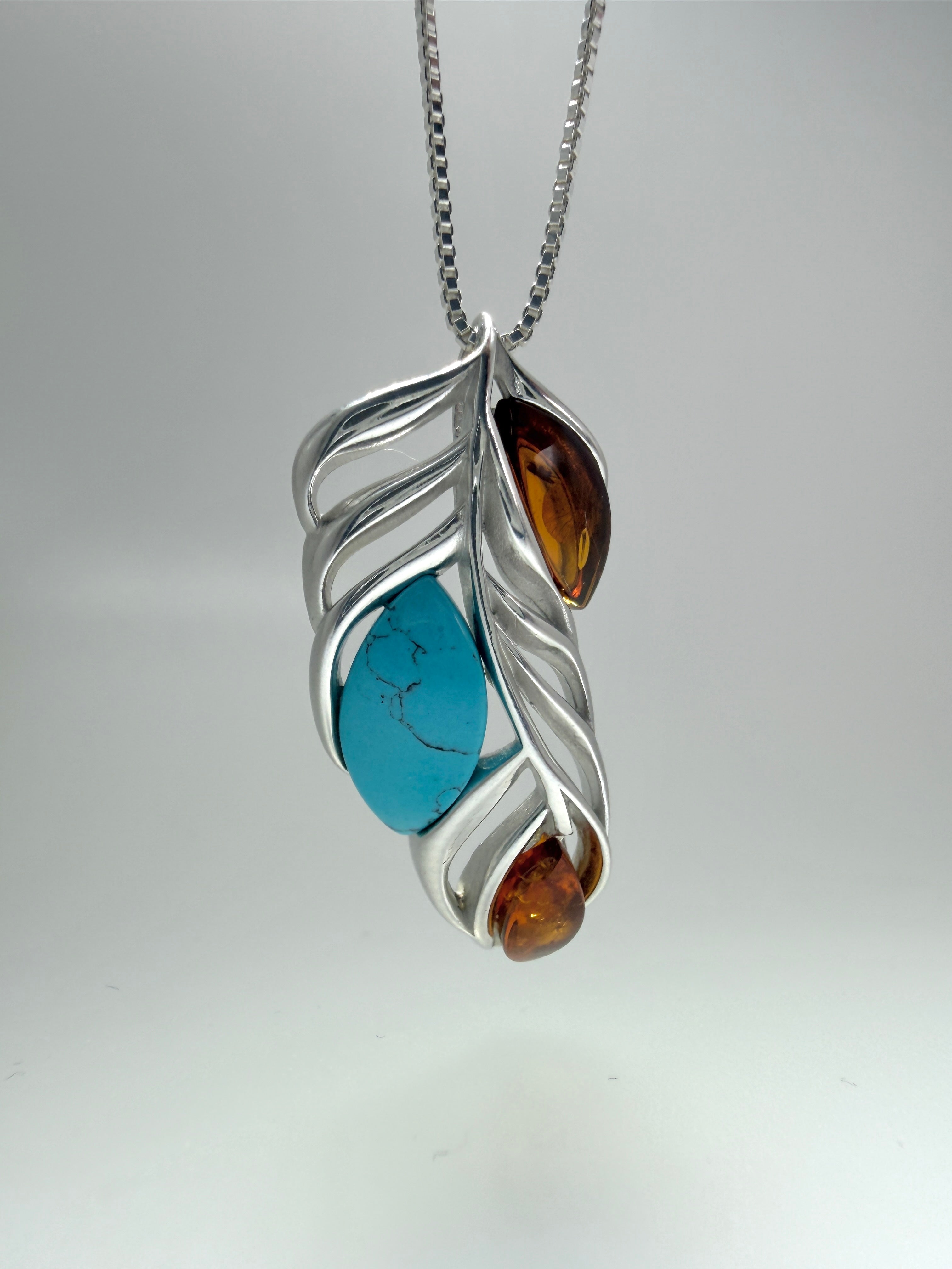 Sterling Silver, Genuine Baltic Amber & Turquoise Leaf Pendant on Silver Chain