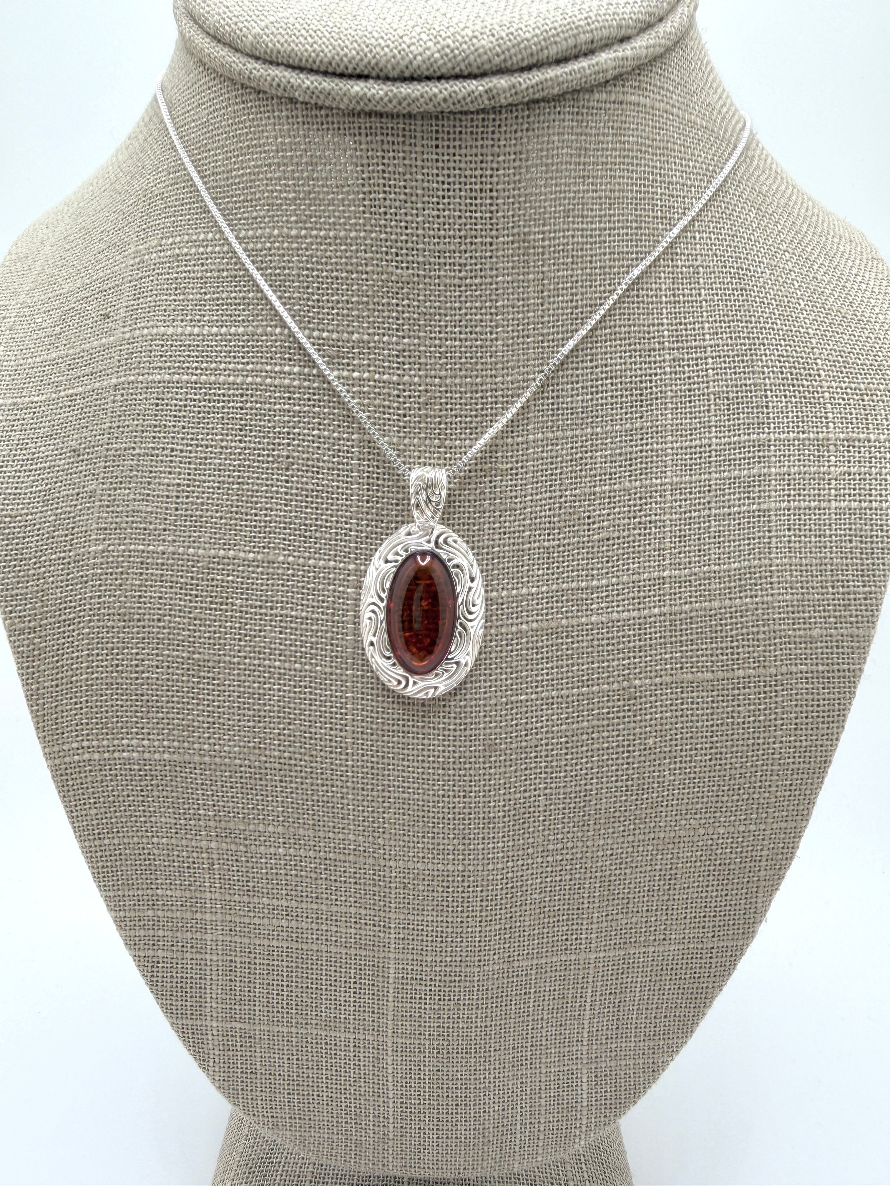 Sterling Silver Oval Honey Baltic Amber Pendant Necklace | Modern Whimsical Design