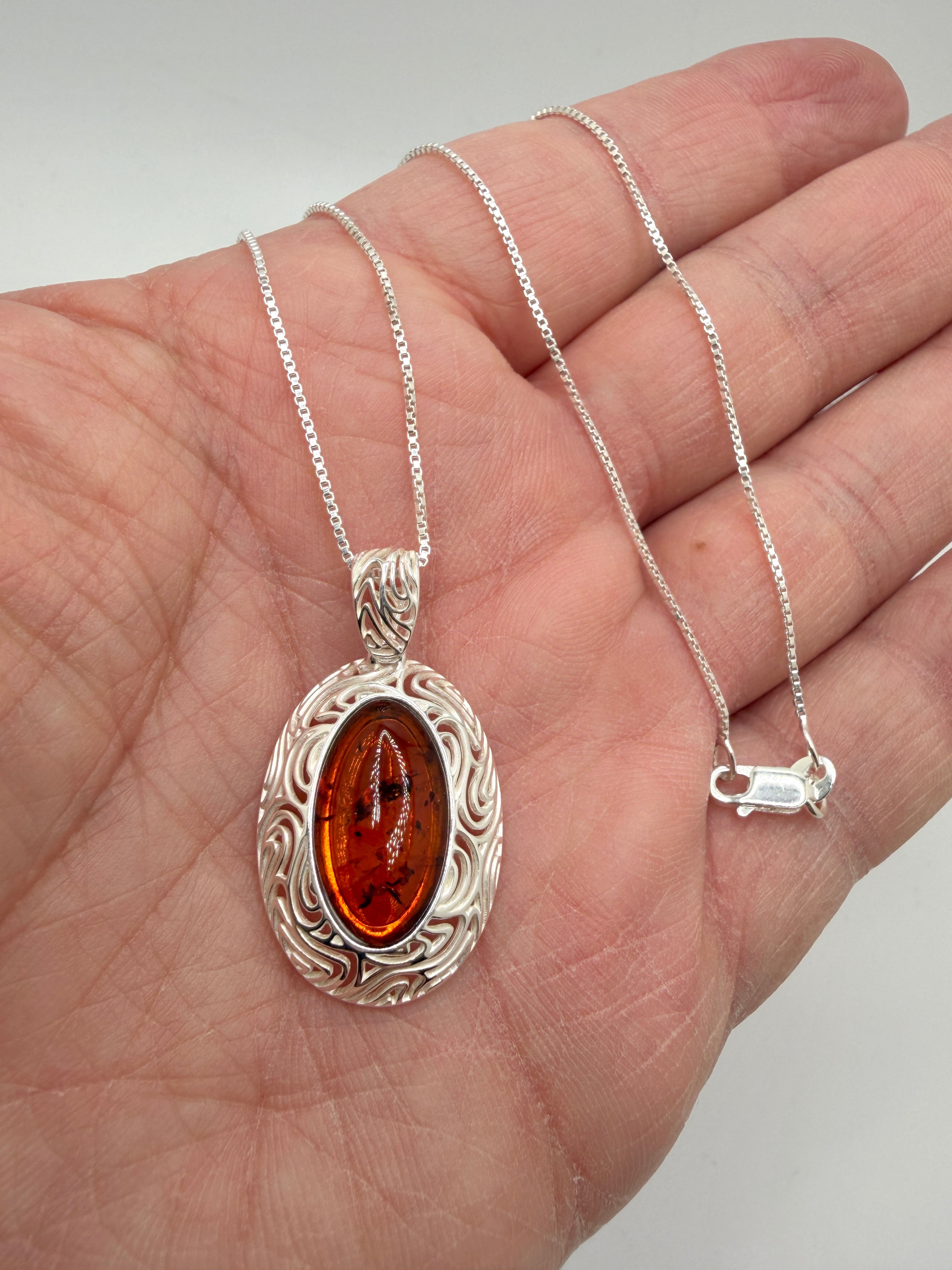 Sterling Silver Oval Honey Baltic Amber Pendant Necklace | Modern Whimsical Design