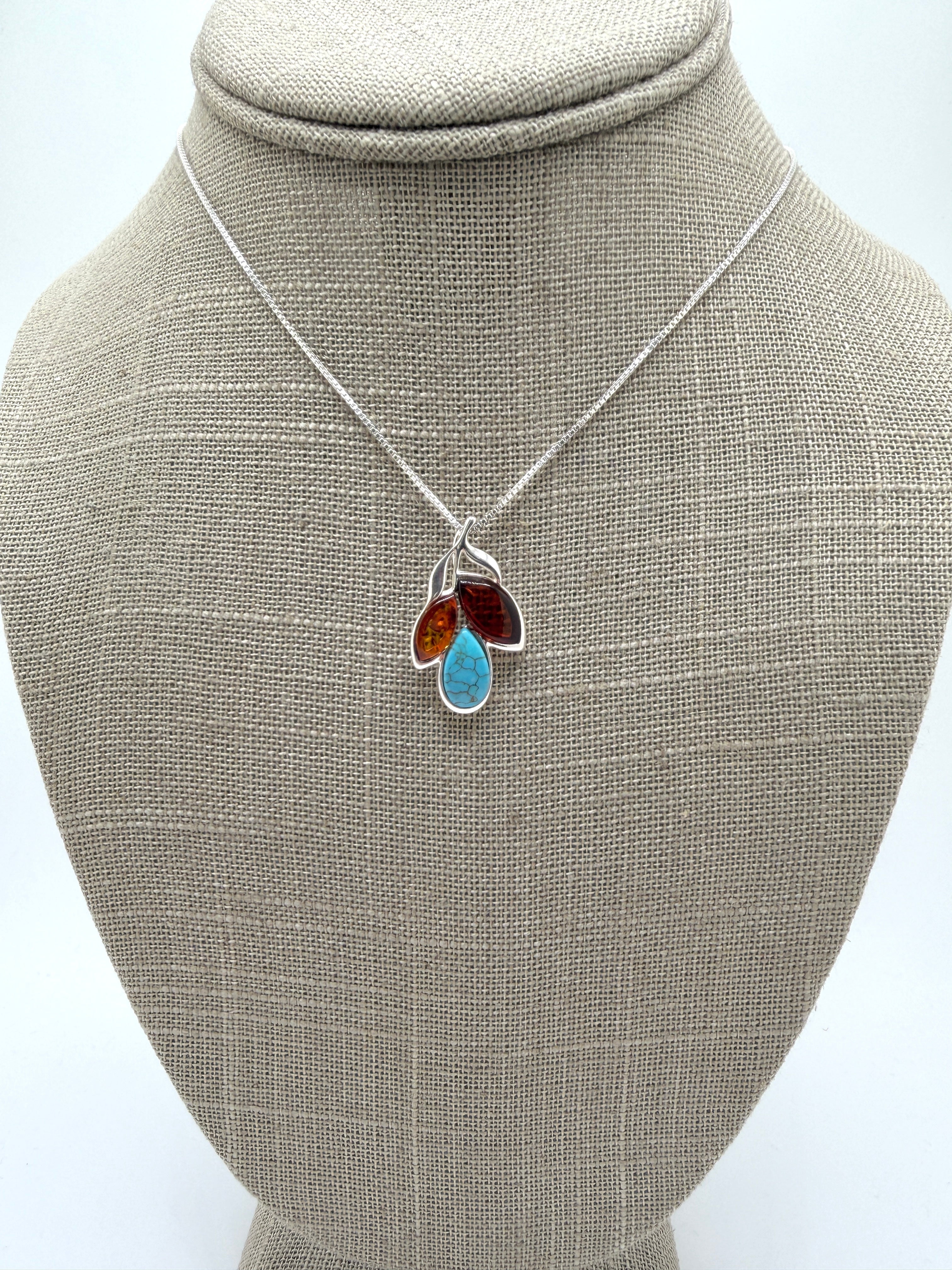 Baltic Amber & Gemstone Pendant – Sterling Silver – Modern Whimsical Design – Made in Poland