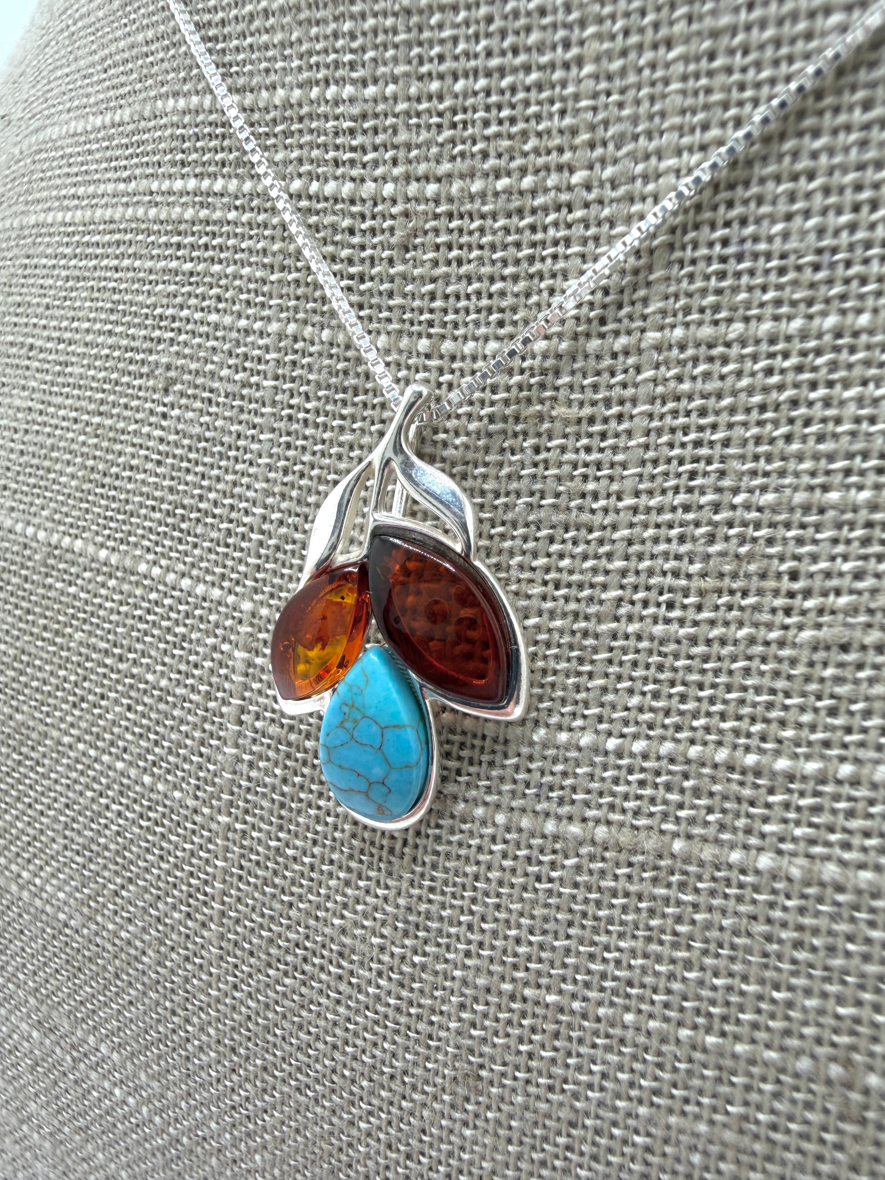 Baltic Amber & Gemstone Pendant – Sterling Silver – Modern Whimsical Design – Made in Poland
