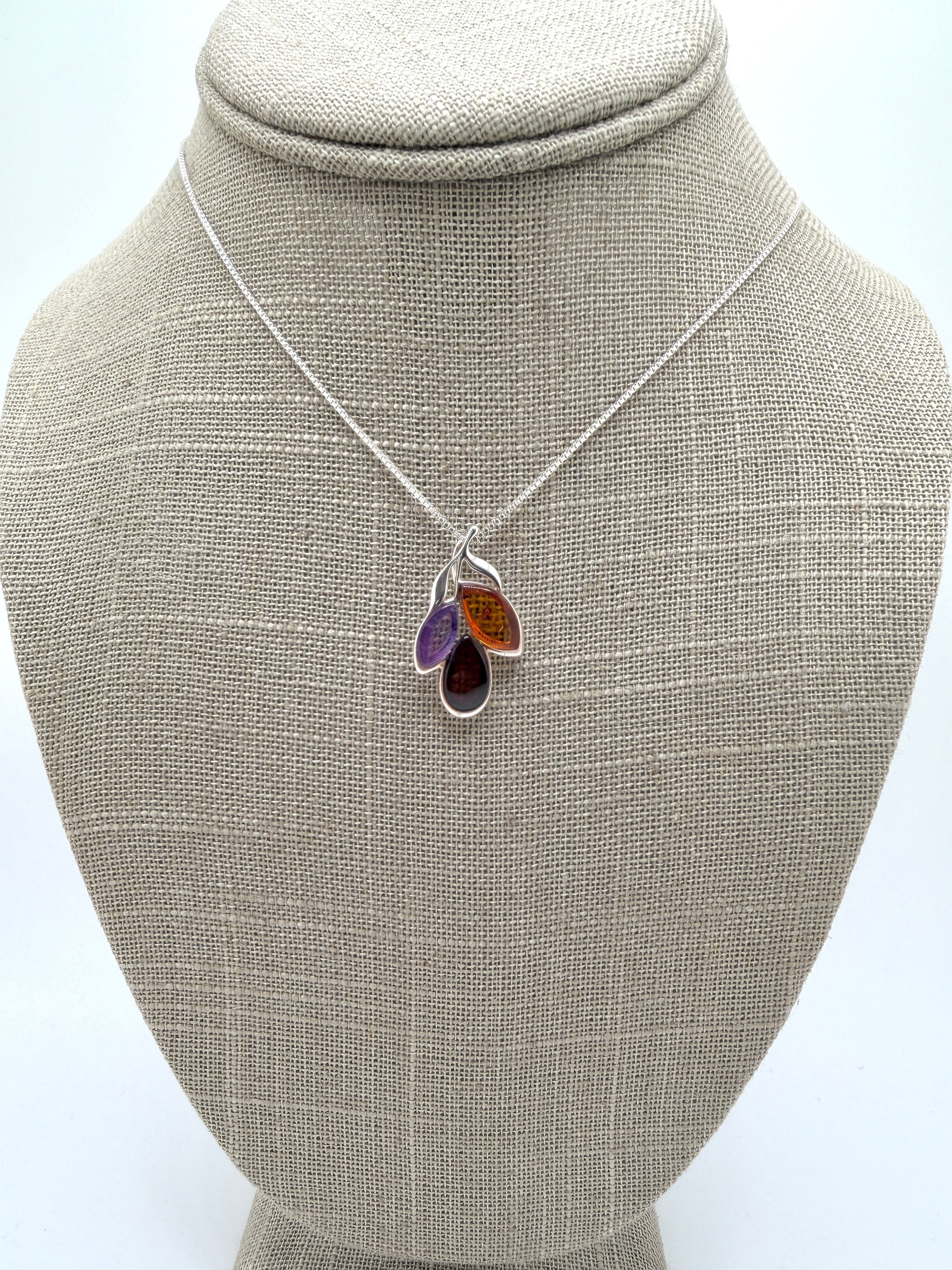 Baltic Amber & Gemstone Pendant – Sterling Silver – Modern Whimsical Design – Made in Poland