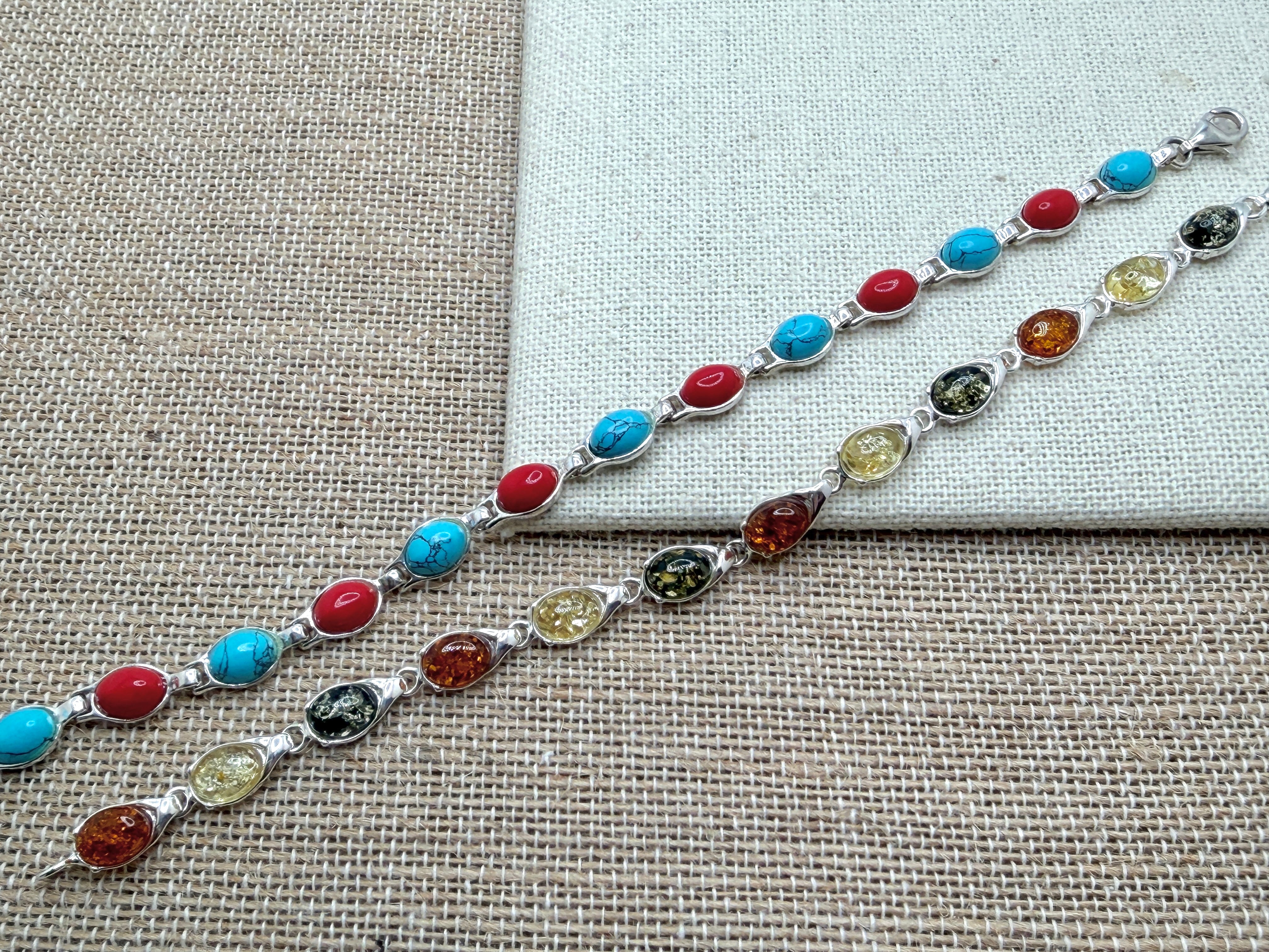 Sterling Silver & Genuine Baltic Amber Link Bracelet