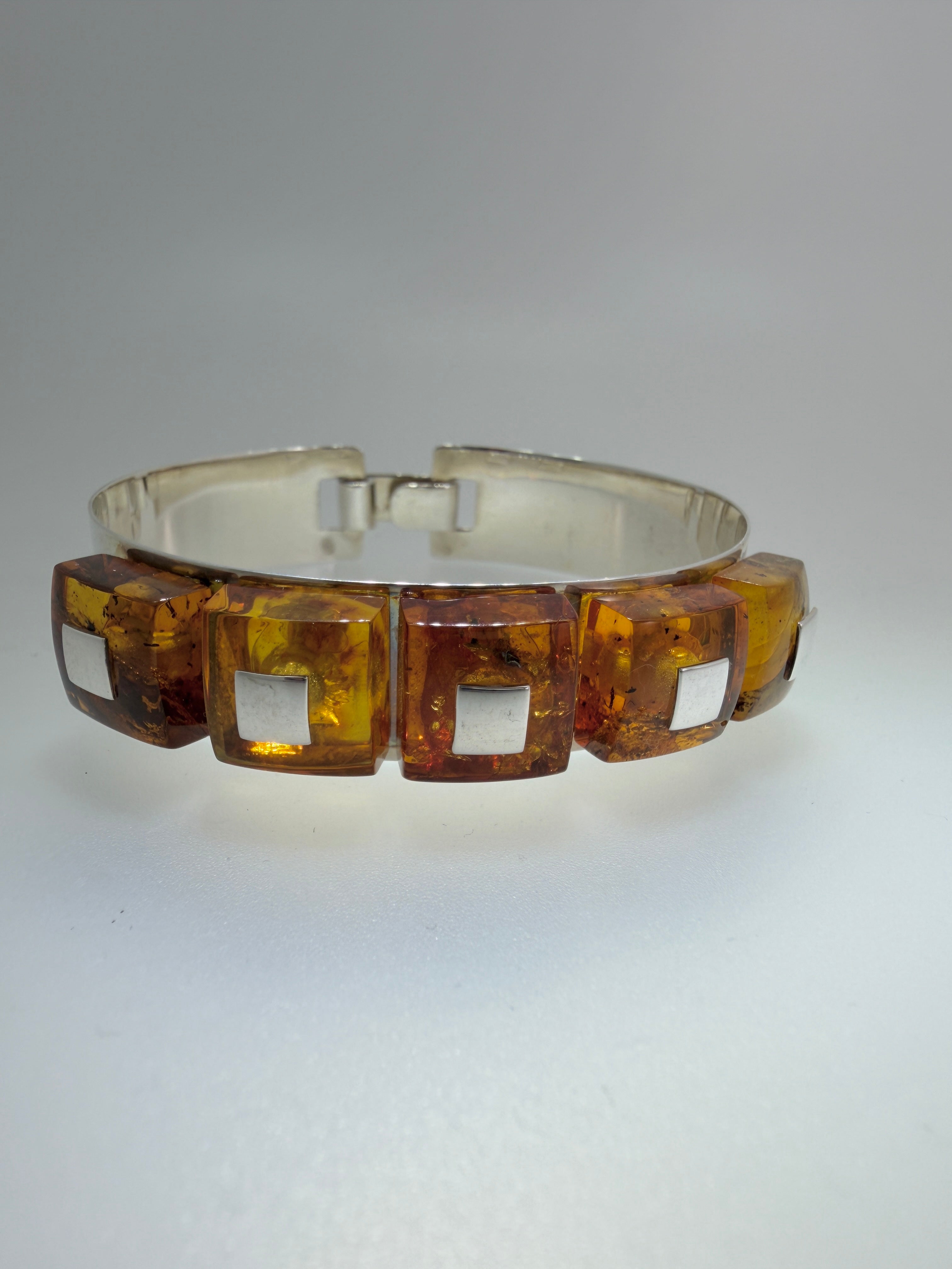 Ambermoda Designer Sterling Silver & Genuine Baltic Amber Cuff Bracelet with Five Honey Squares