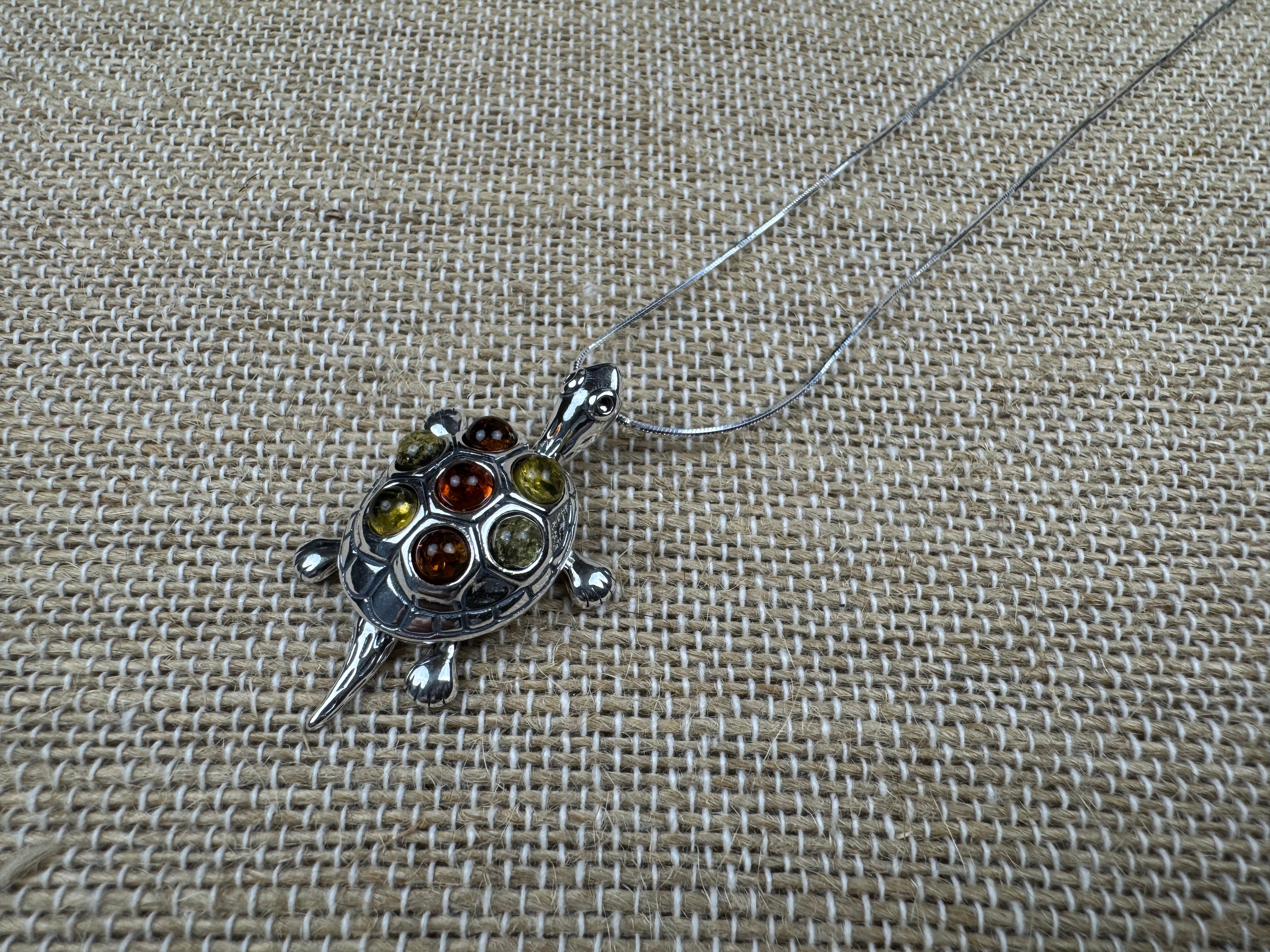 Multicolor Baltic Amber Turtle Pendant – Sterling Silver & Full of Charm  / Sterling Silver Chain