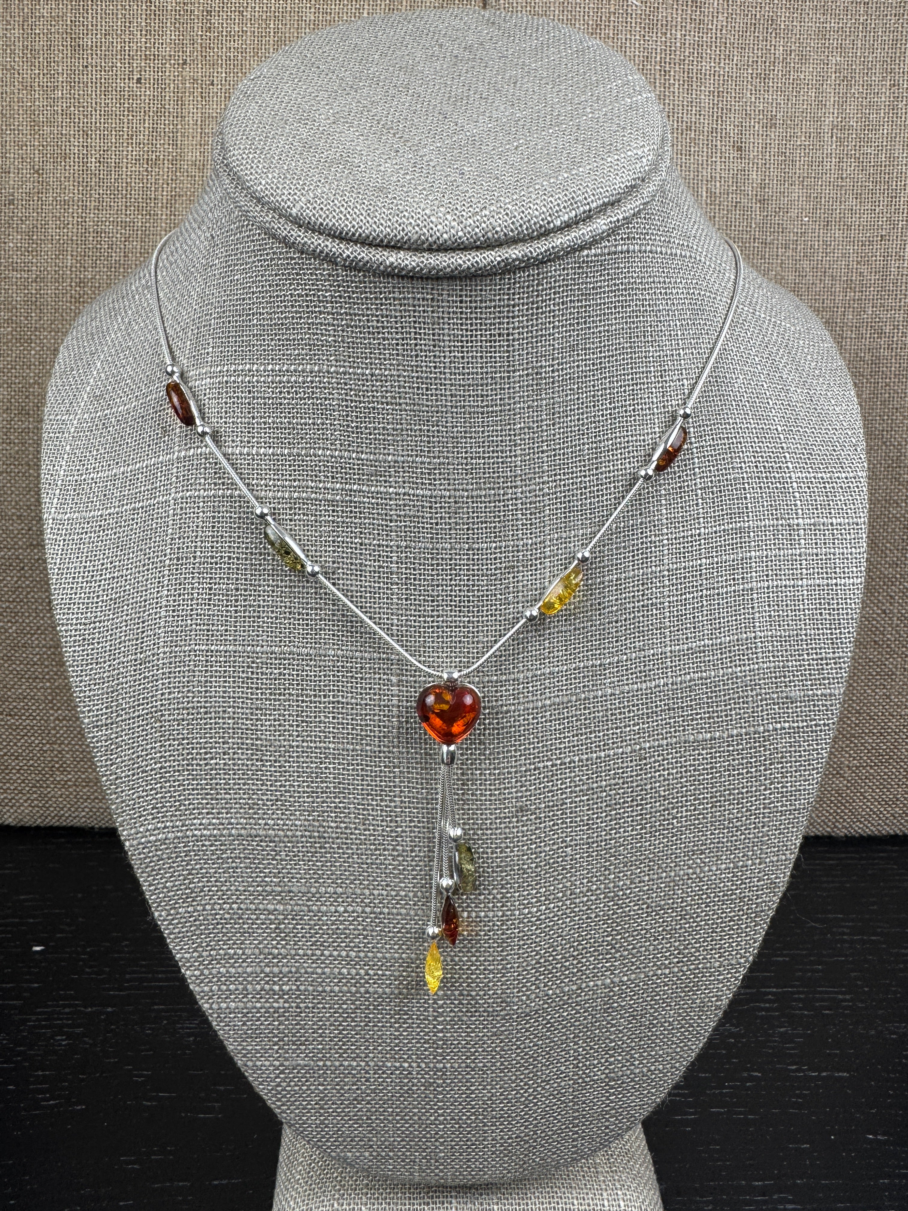 Multicolor Baltic Amber Lariat Necklace – Sterling Silver with Cognac Heart & Hanging Amber Drops