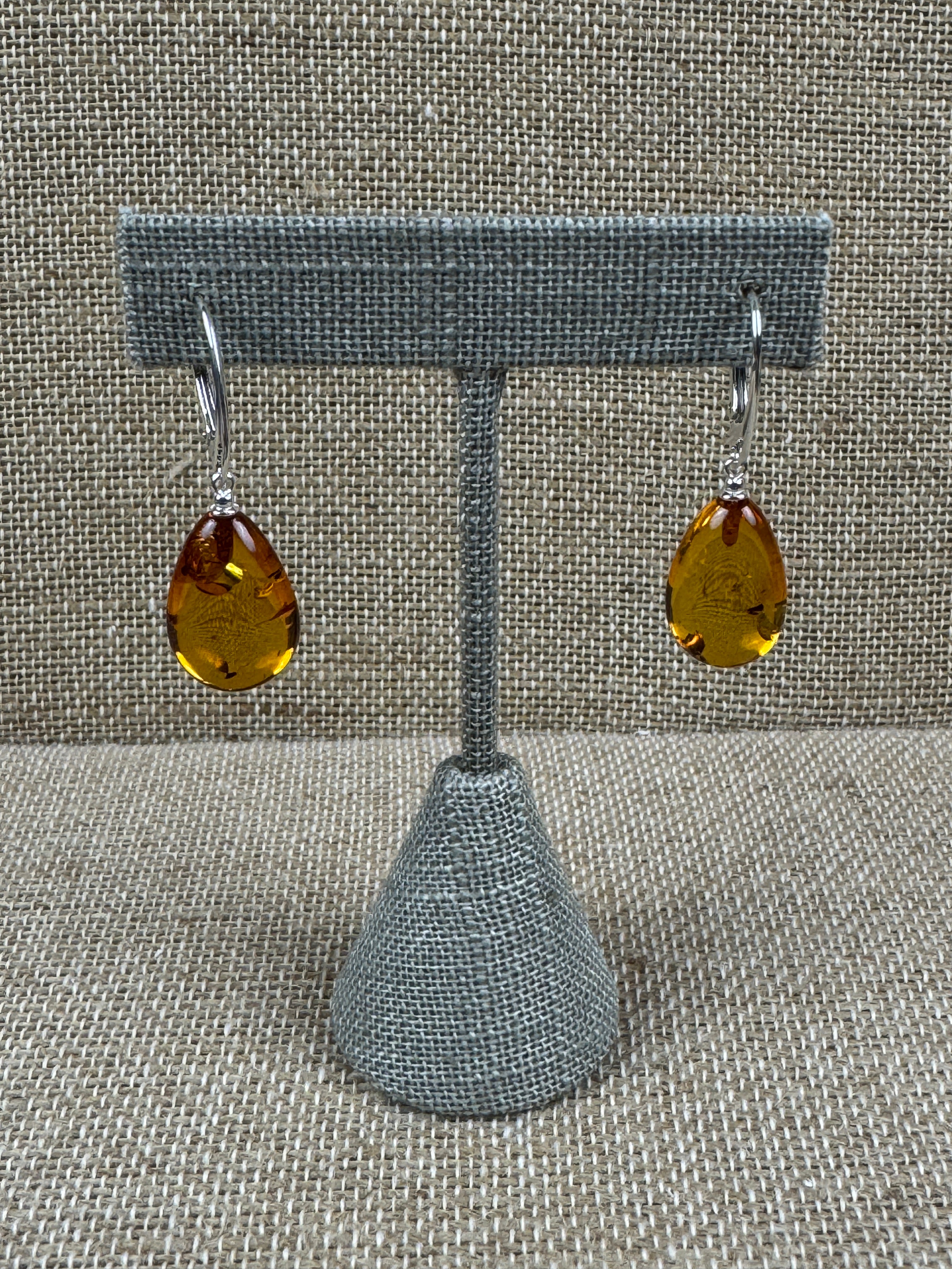 Handmade Baltic Amber Dangle Earrings | Natural Honey Cognac Teardrops with Sterling Silver Lever-Back Closures