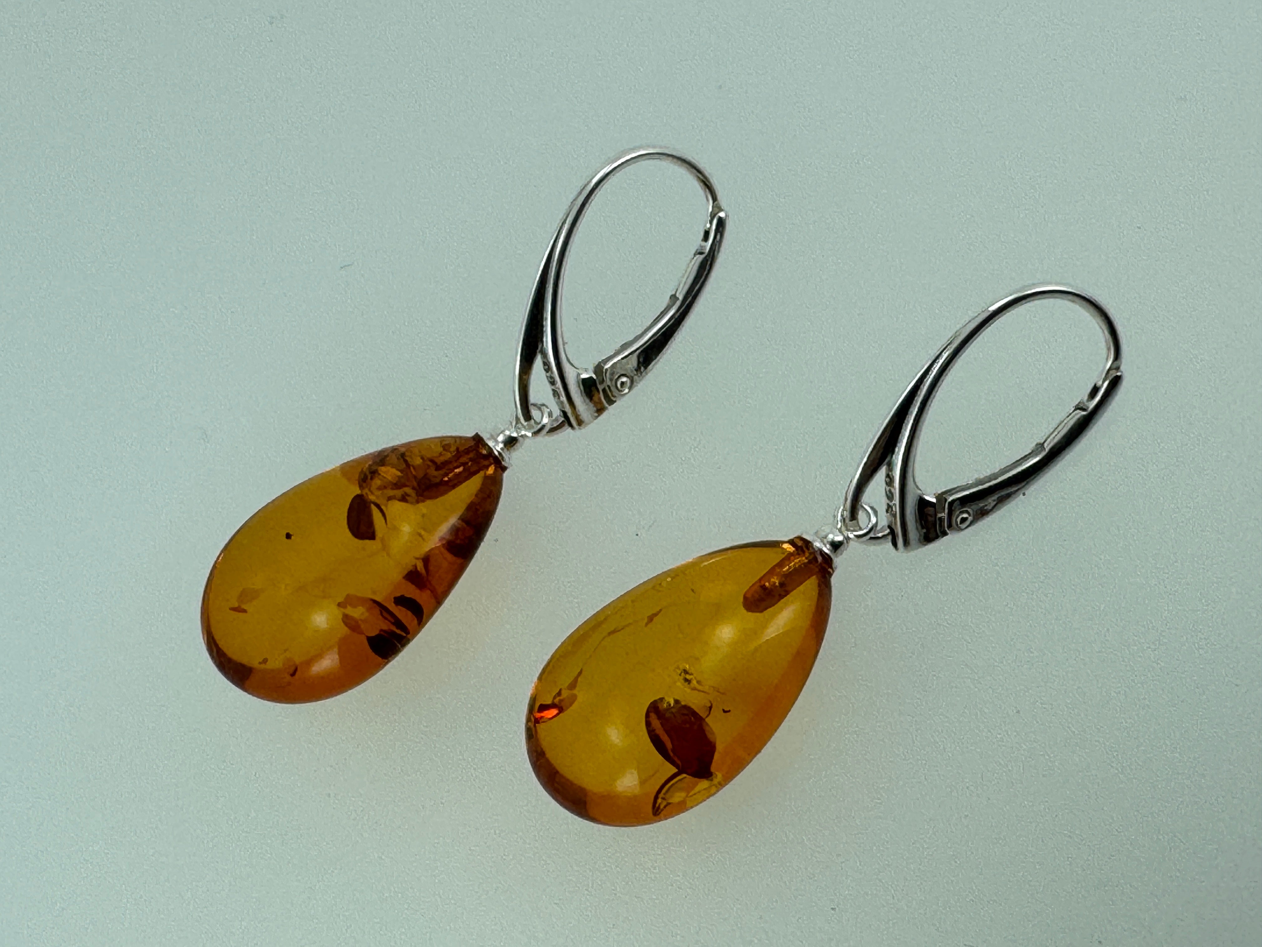 Handmade Baltic Amber Dangle Earrings | Natural Honey Cognac Teardrops with Sterling Silver Lever-Back Closures