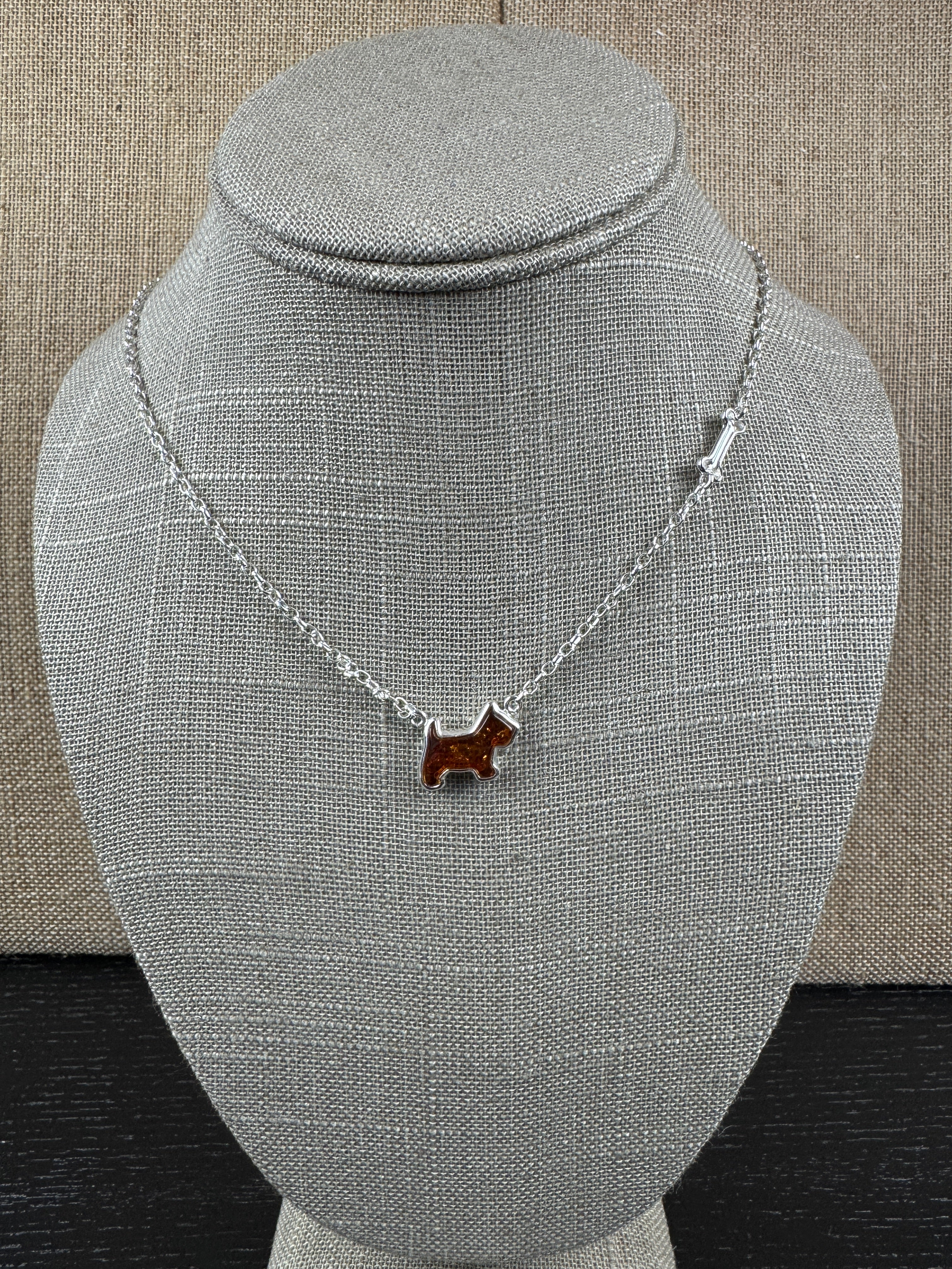 Sterling Silver Dog & Bone Necklace – Hand-Carved Honey Baltic Amber Pup with Extension Charm