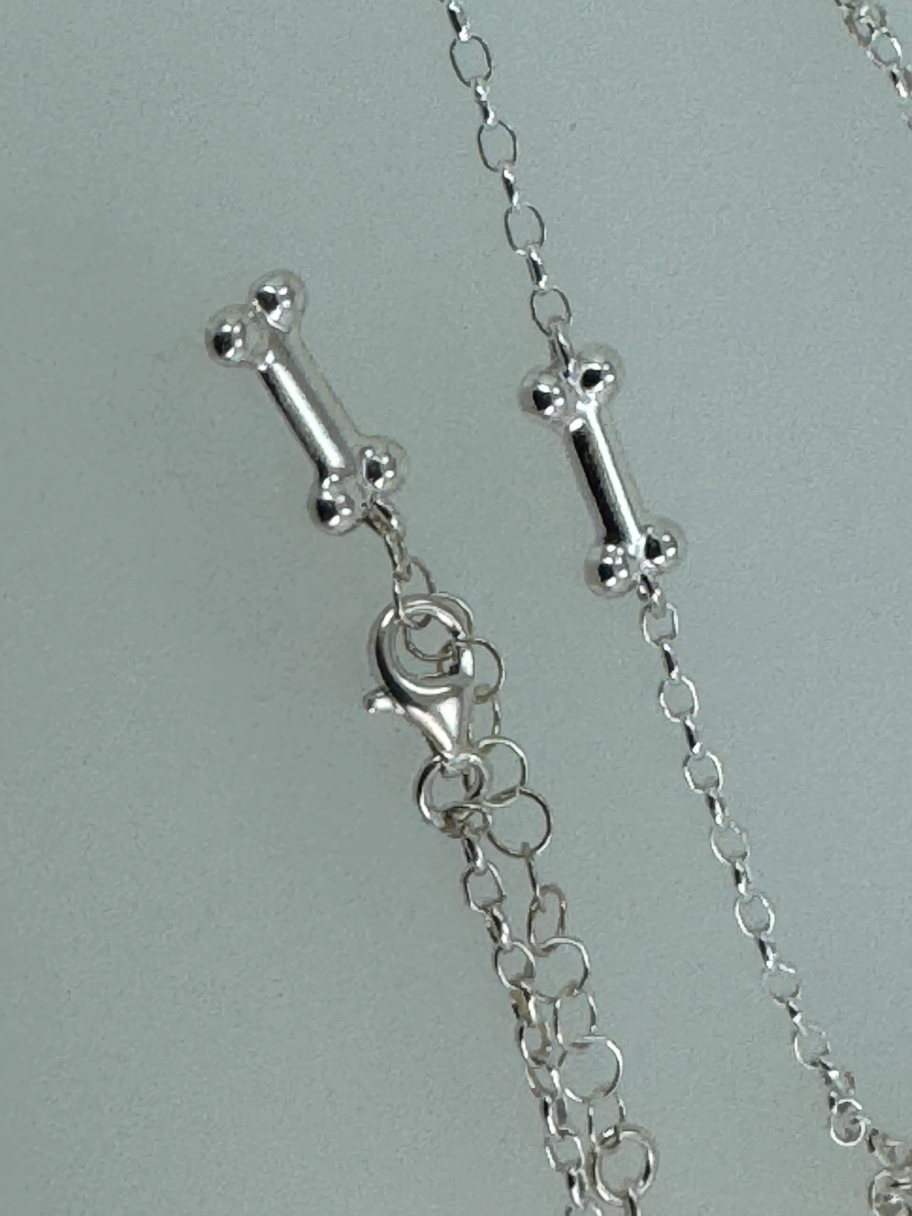 Sterling Silver Dog & Bone Necklace – Hand-Carved Honey Baltic Amber Pup with Extension Charm