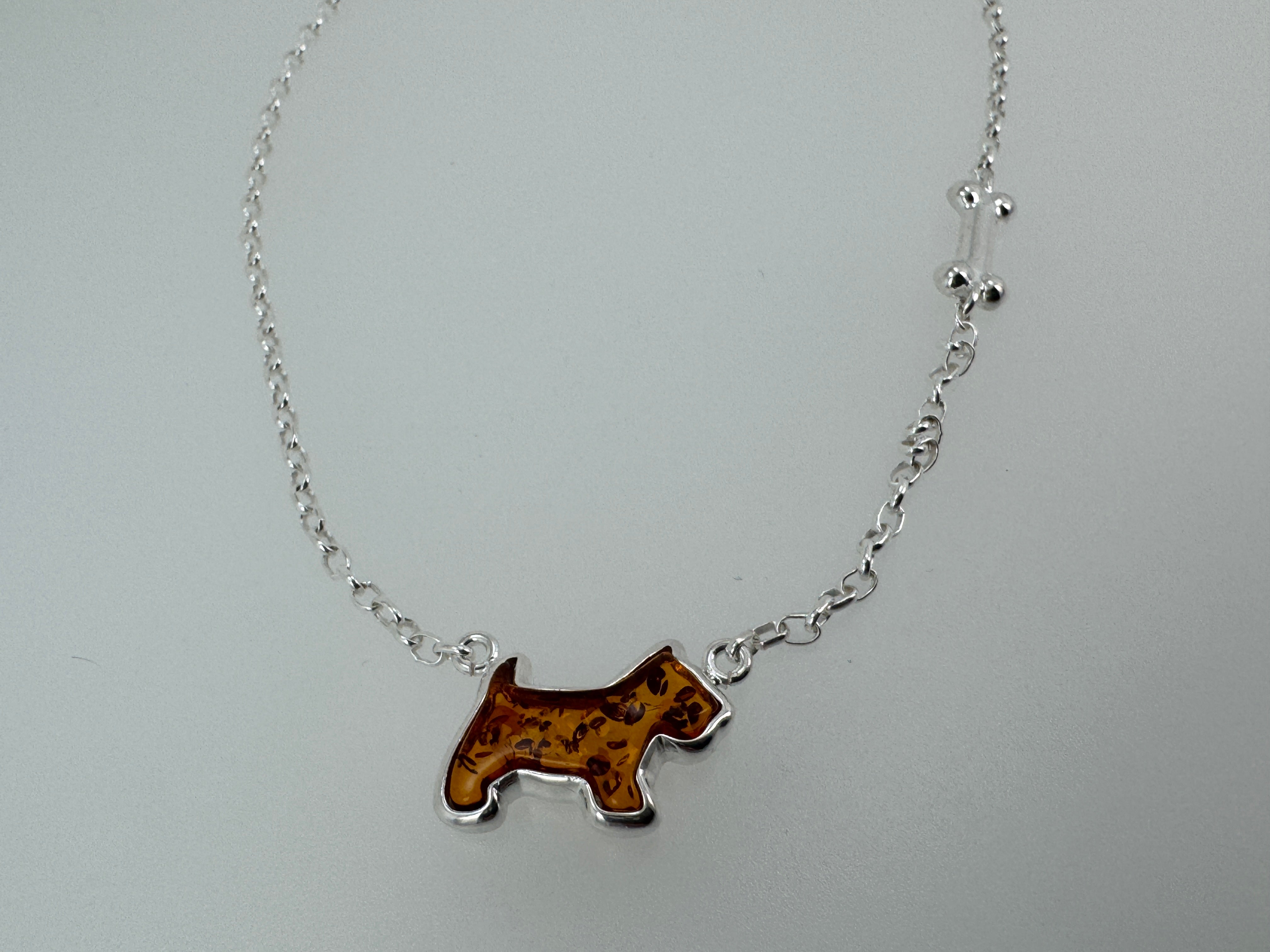 Sterling Silver Dog & Bone Necklace – Hand-Carved Honey Baltic Amber Pup with Extension Charm
