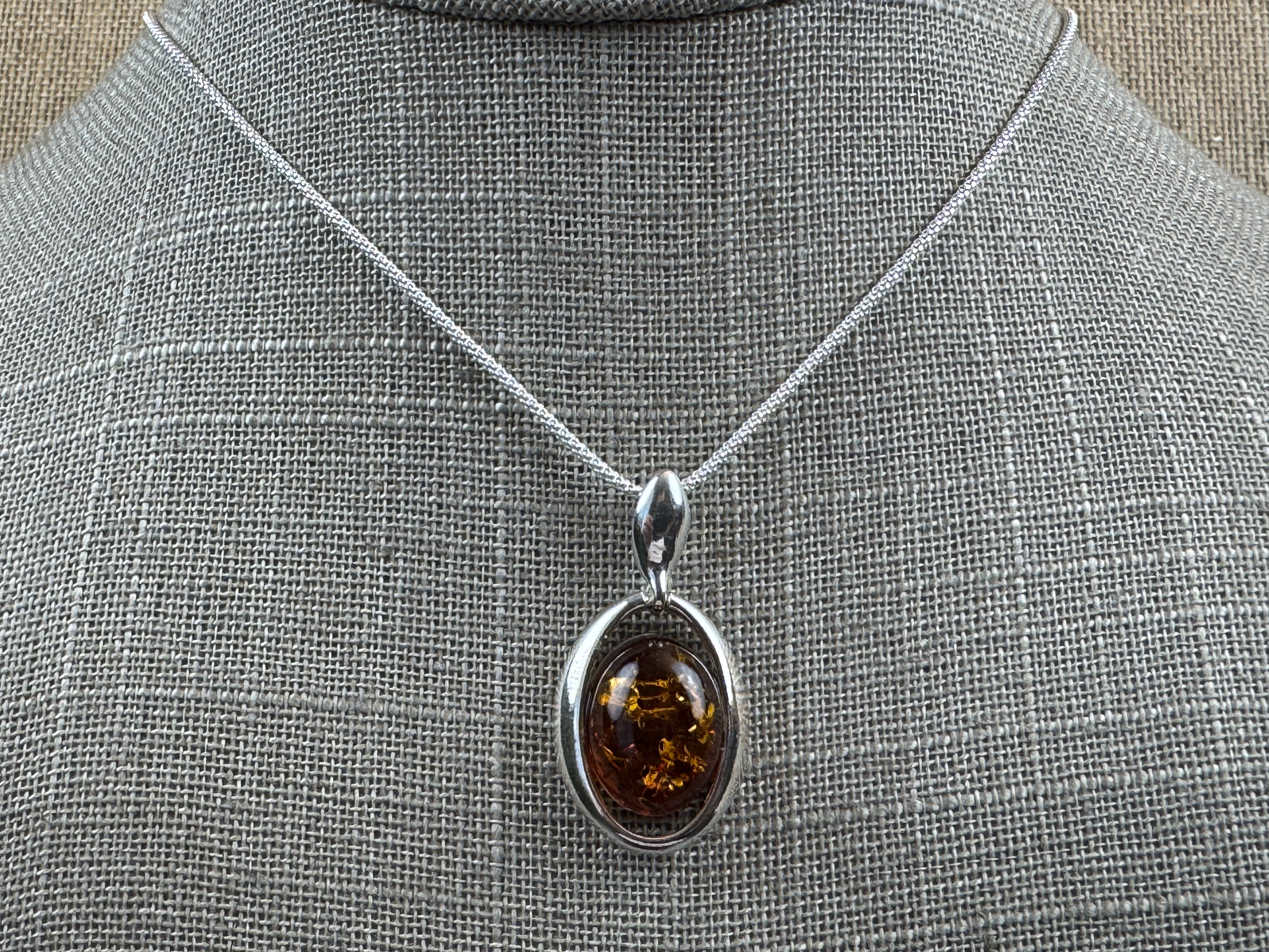 Modern Oval Cognac Amber Pendant Shipped on Choice of Sterling Silver Chain