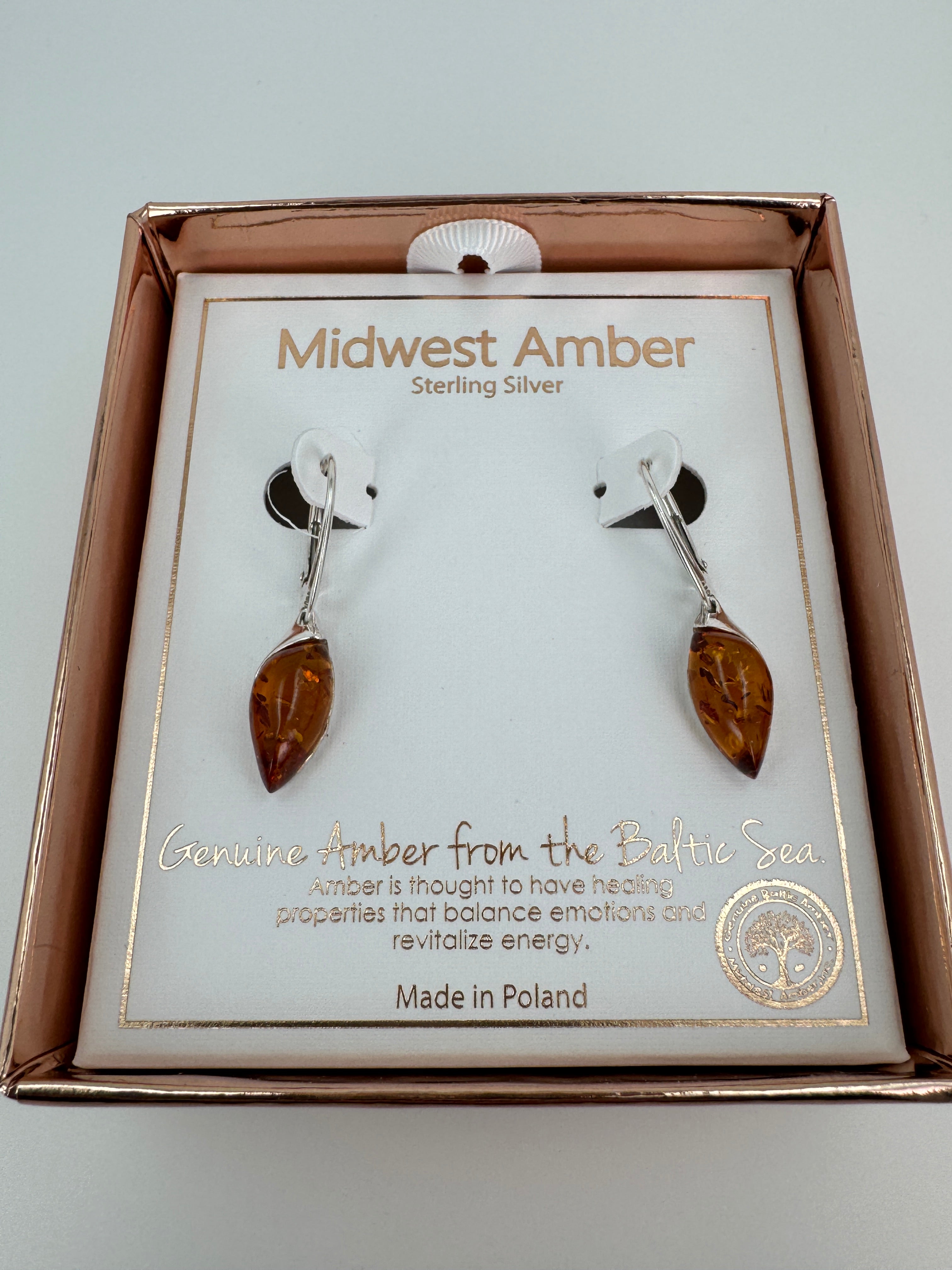 Marquise Baltic Amber Dangle Earrings | Honey Cognac Sterling Silver Lever Backs Handmade in Poland