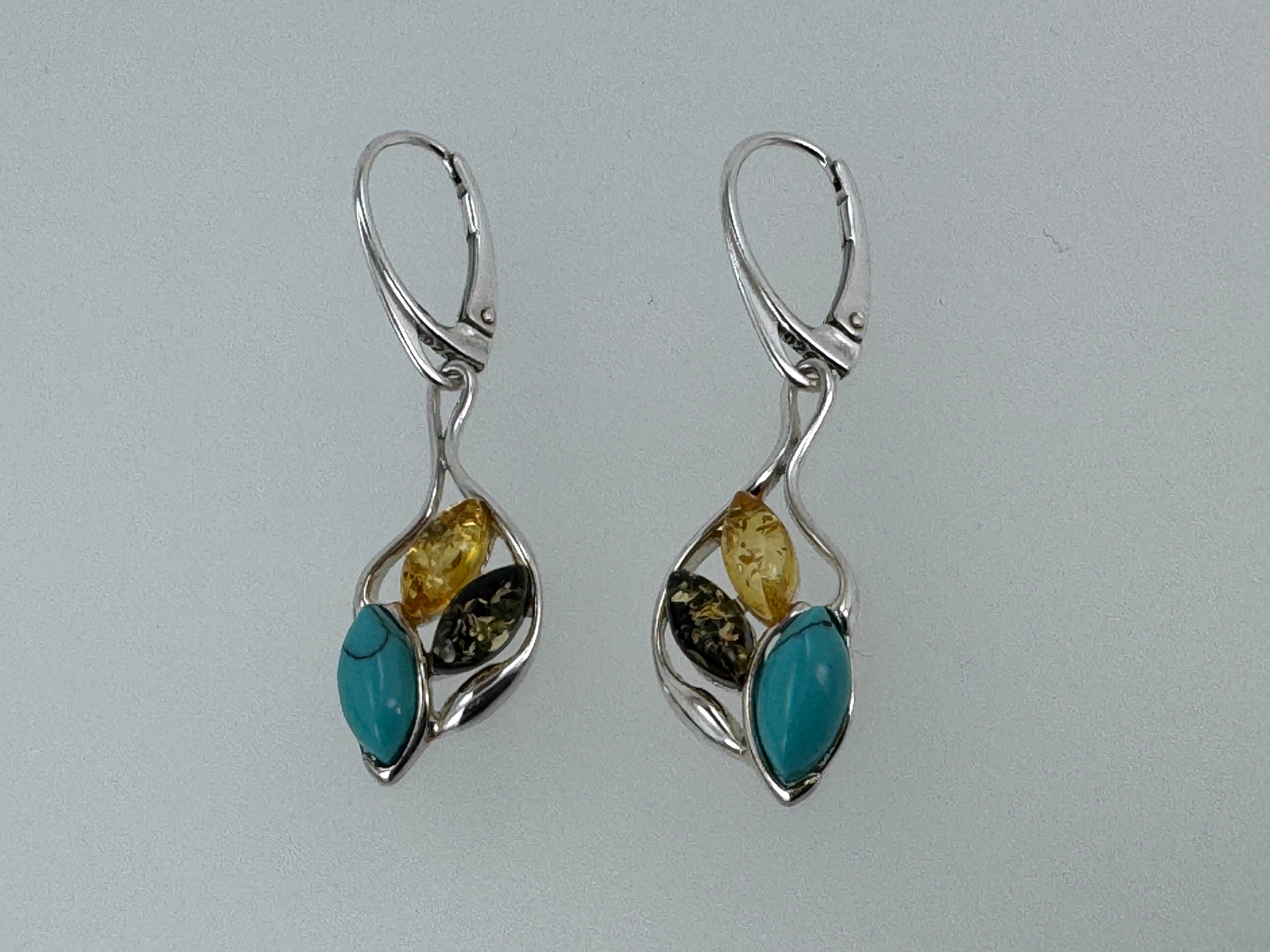 Handmade Baltic Amber & Turquoise Earrings | Sterling Silver Dangle Lever Backs from Poland