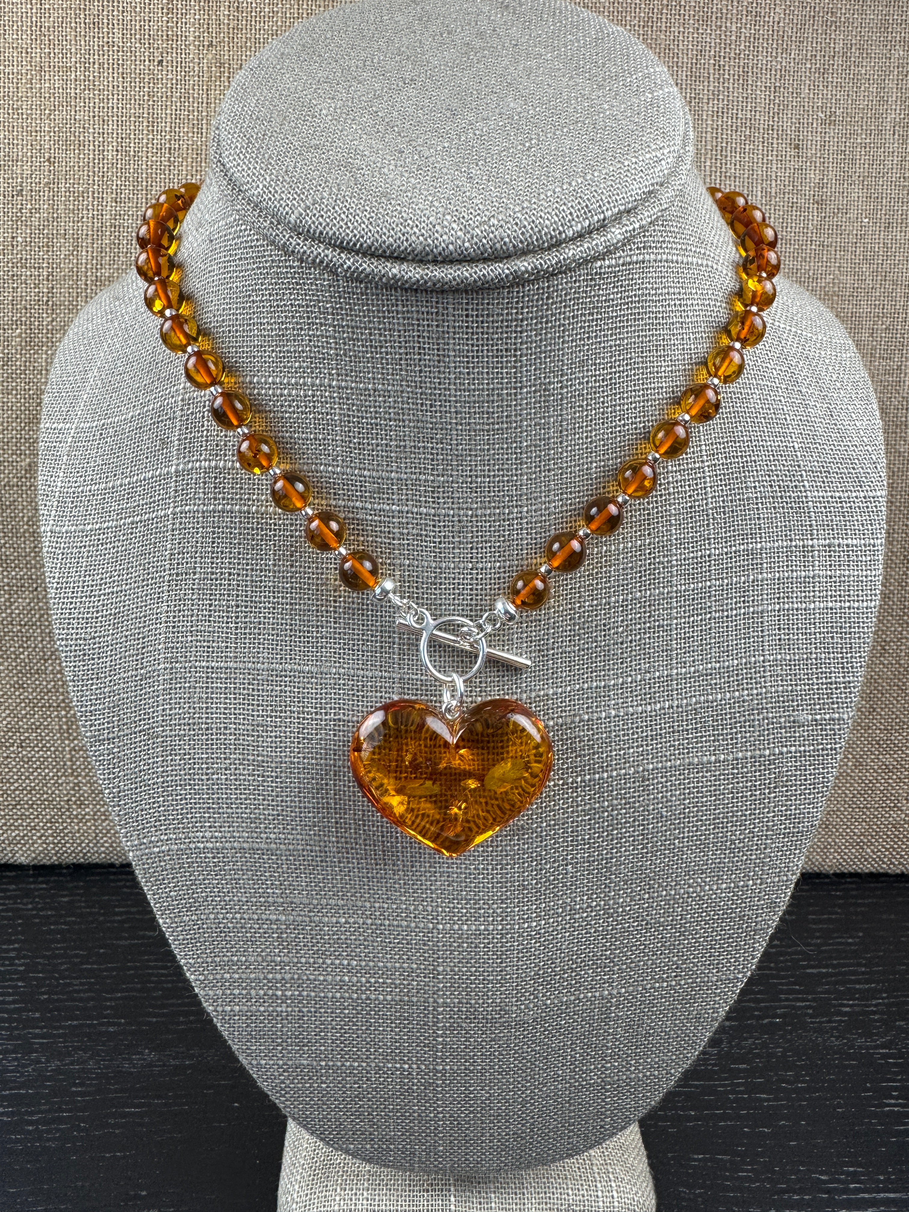 Cognac Baltic Amber Beaded Necklace – Puffy Honey Heart Pendant & Sterling Silver Toggle Closure