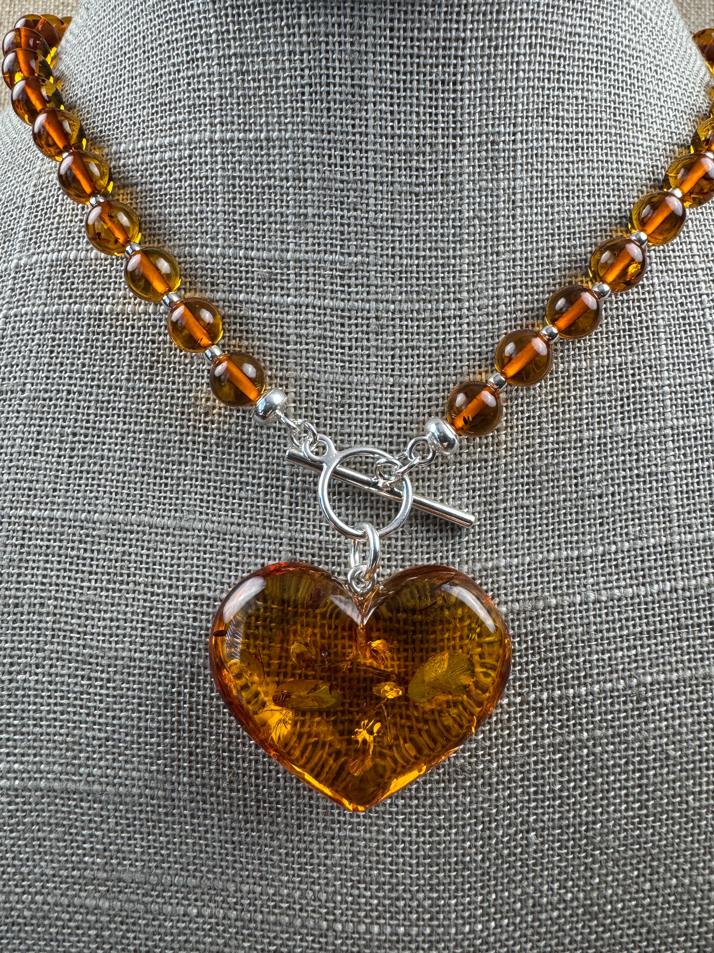 Cognac Baltic Amber Beaded Necklace – Puffy Honey Heart Pendant & Sterling Silver Toggle Closure