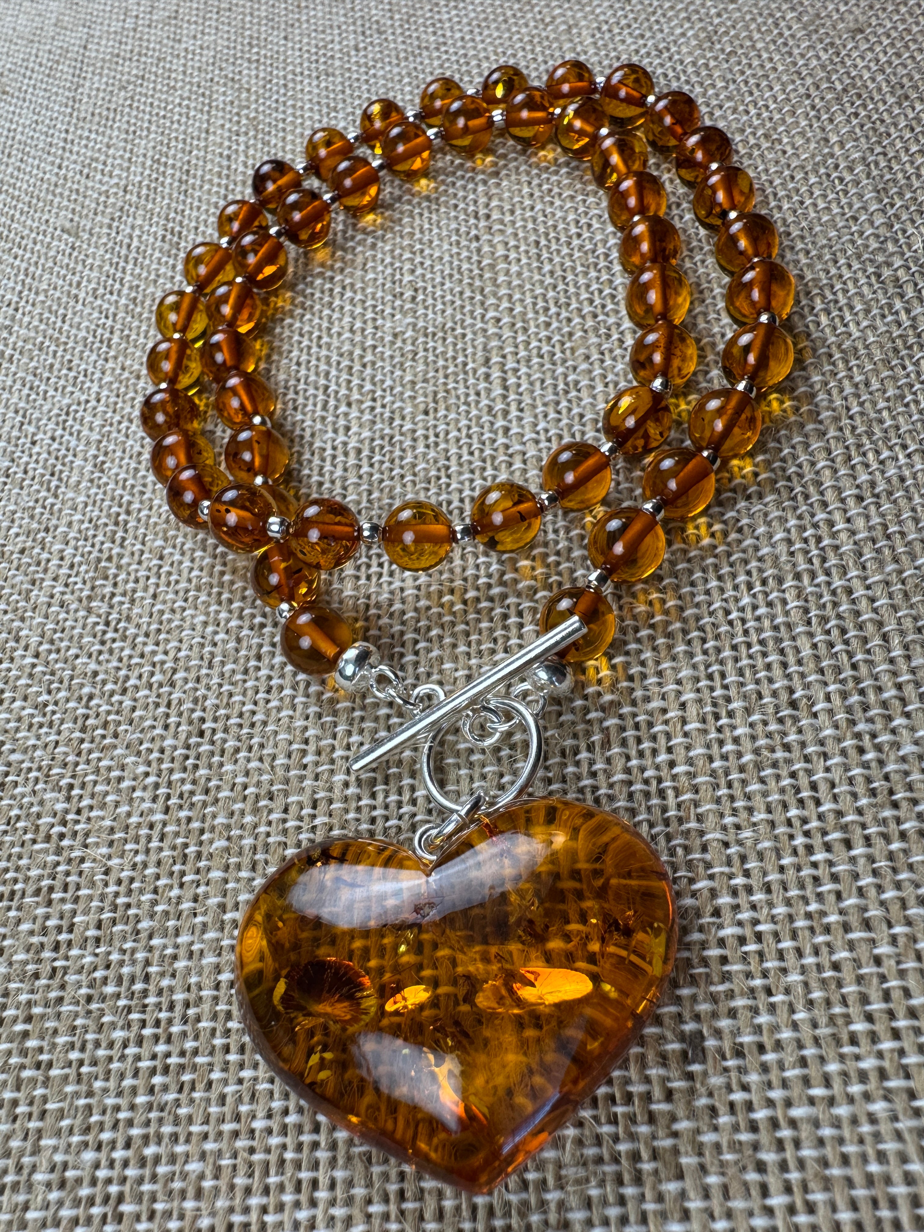 Cognac Baltic Amber Beaded Necklace – Puffy Honey Heart Pendant & Sterling Silver Toggle Closure