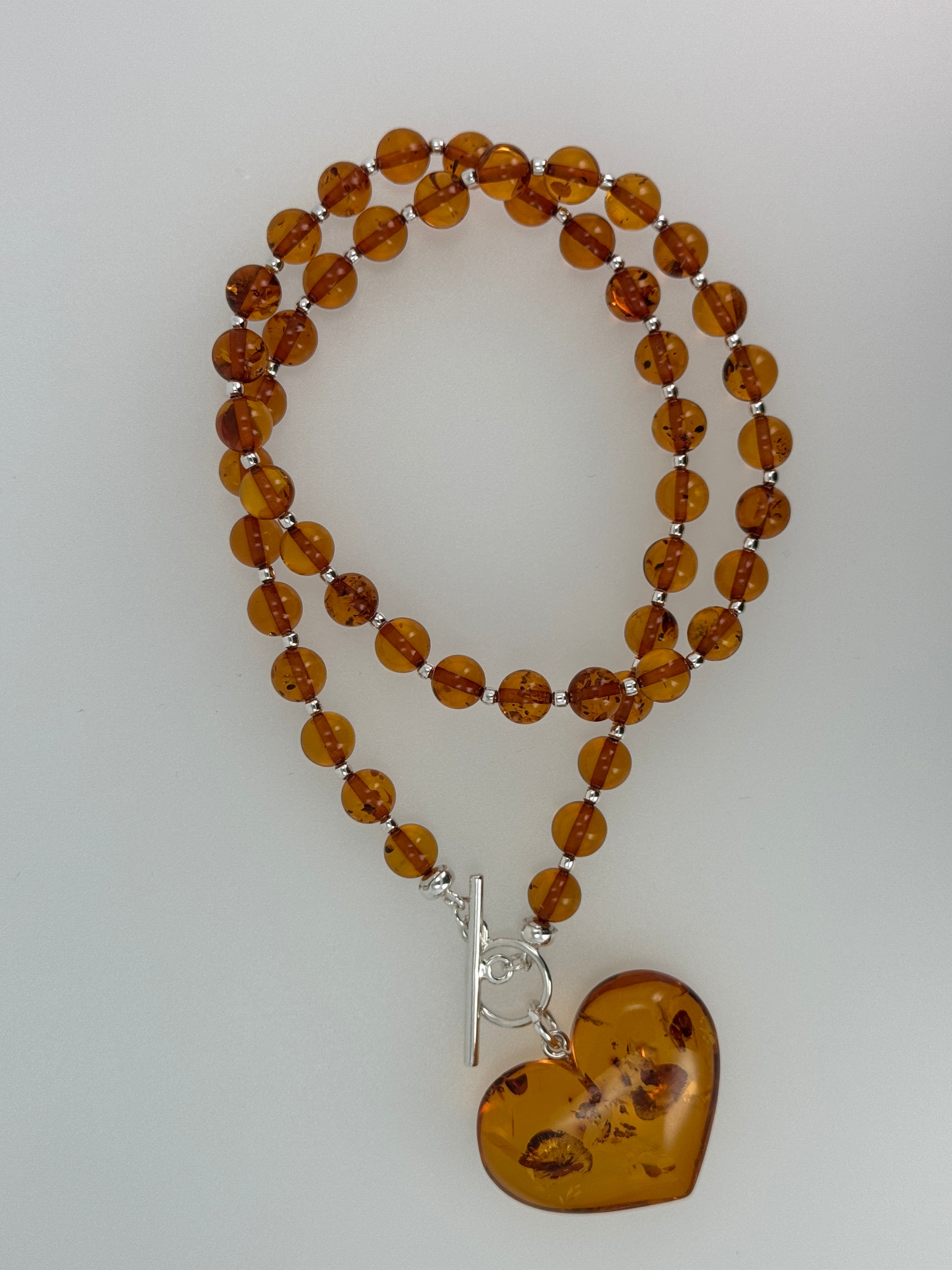 Cognac Baltic Amber Beaded Necklace – Puffy Honey Heart Pendant & Sterling Silver Toggle Closure