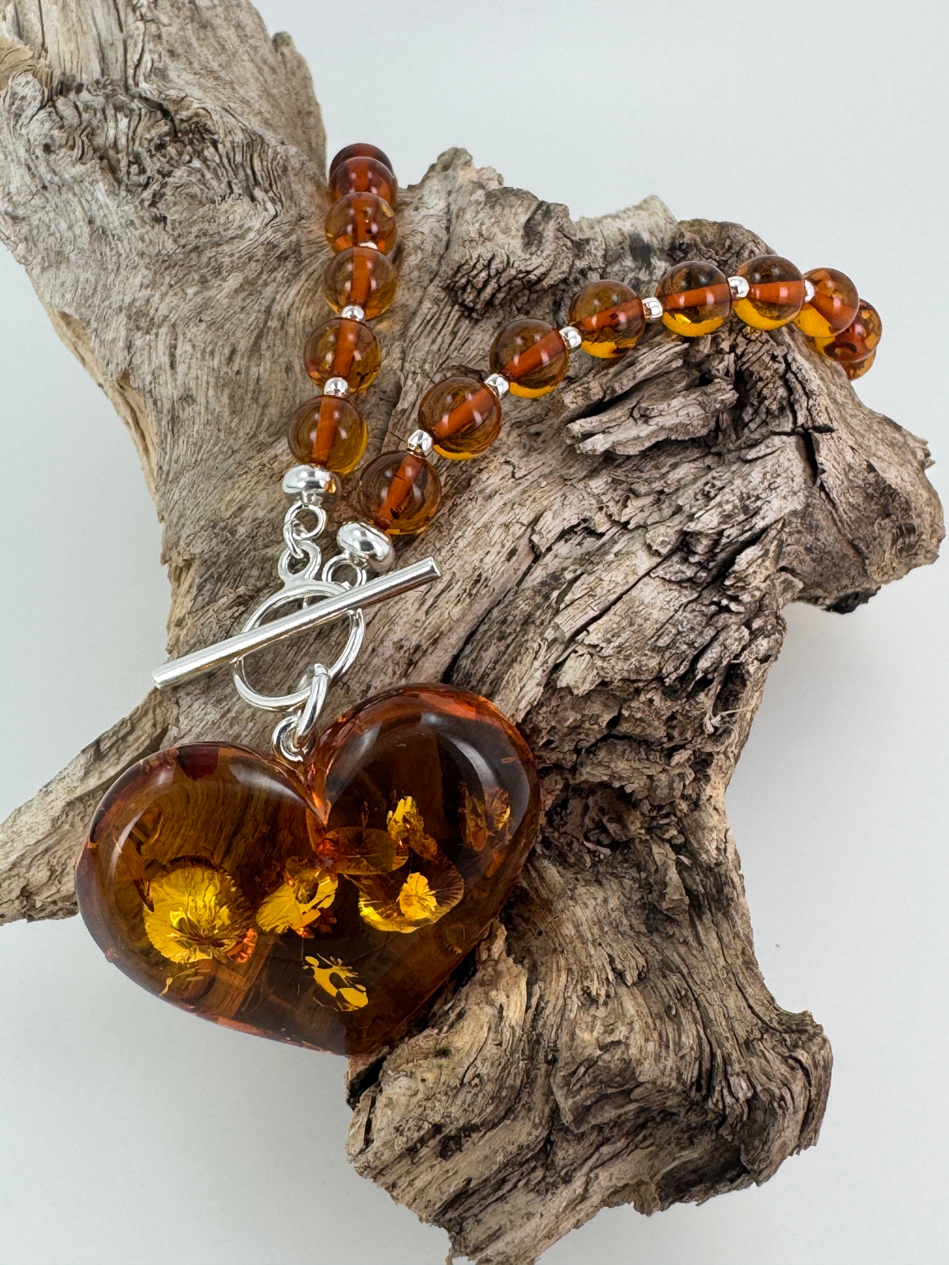 Cognac Baltic Amber Beaded Necklace – Puffy Honey Heart Pendant & Sterling Silver Toggle Closure